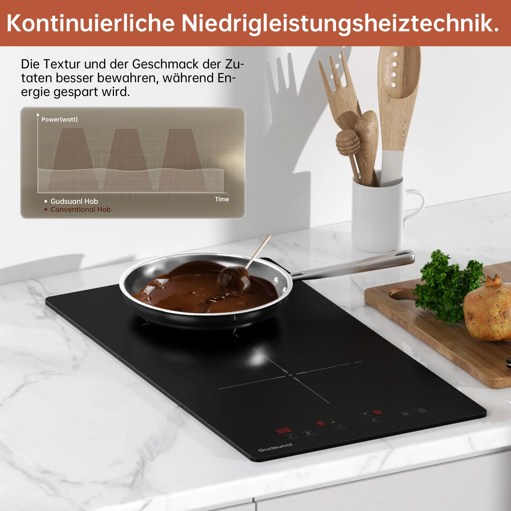 Gudsunal Induktionskochfeld, Kochfeld 2 Platten Einbau, 3600 W, kontinuierliche Niedrigleistungsheizung, Booster, 9 Leistungsstufen, Timer, automatische Abschaltung, Kindersicherung, Topferkennung - Image 4