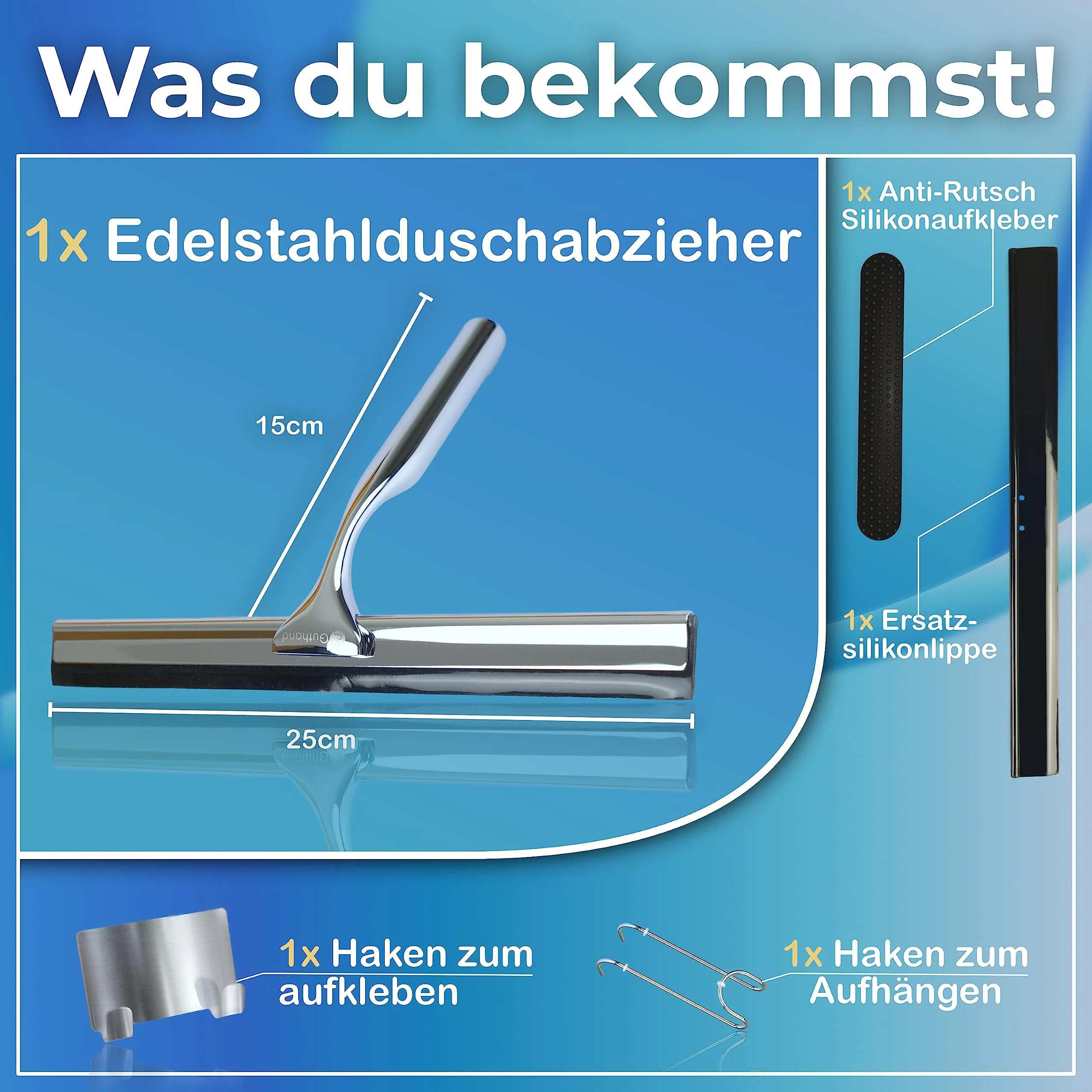 Guthand Duschabzieher - Breiter Glasabzieher Dusche [25cm] Fenster Abzieher - Scheibenabzieher mit Silikonlippe - Inkl. Ersatzlippe & 2X Klebe-Halterungen (Grau) - Image 6