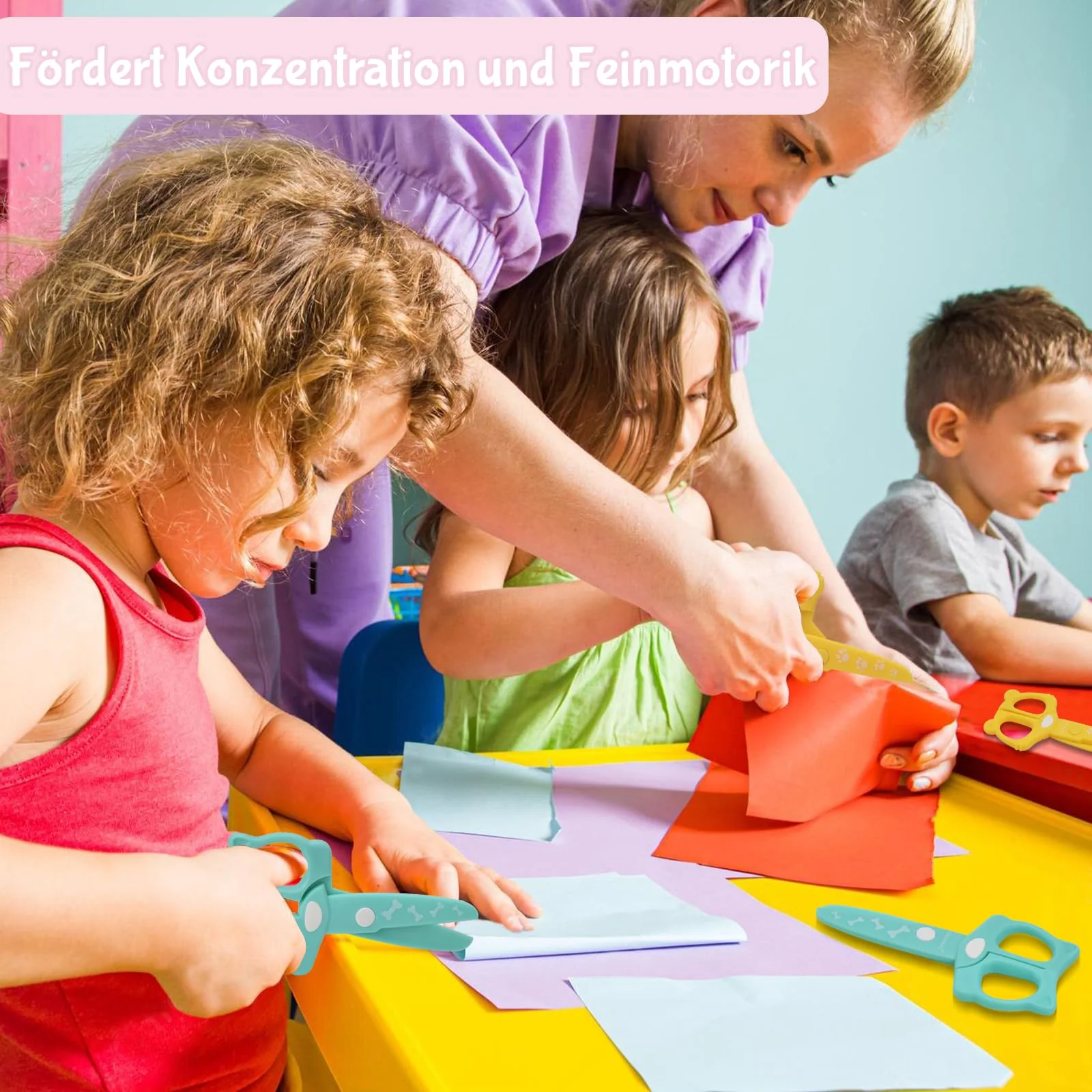 GutSache 2 Stück Kinderschere + 48 Blatt buntes Bastelpapier Für Kinder ab 2 Jahren | Bastelset für Kindergarten, Vorschule & zu Hause | Ideal als Gastgeschenk Mitgebsel - Image 2