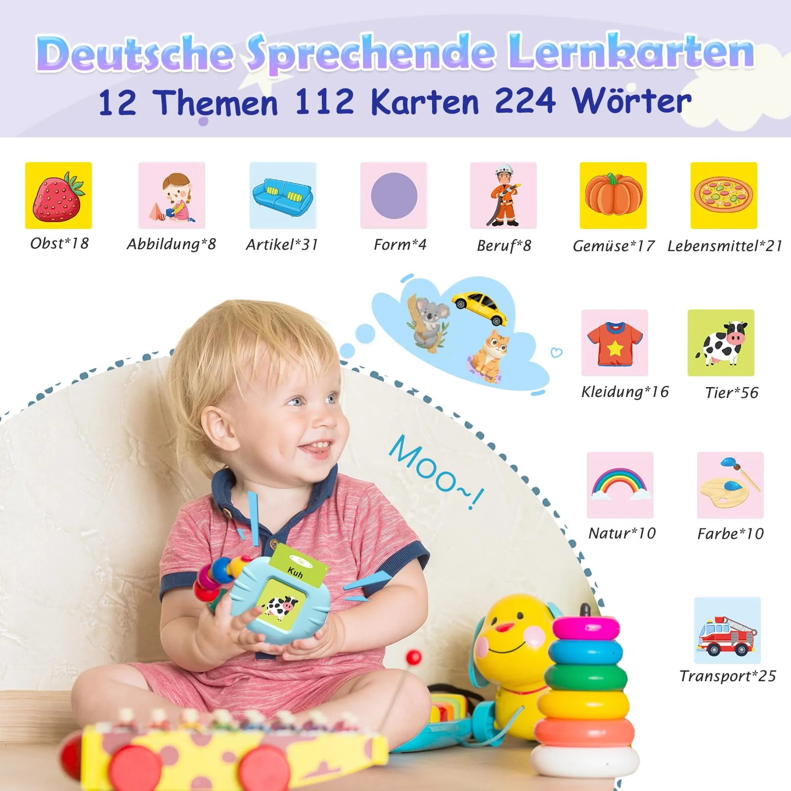 GUYUCOM Lernspielzeug für Kinder ab 1 2 3 4 5 6 Jahr, 112 Blätter Lernkarteikarten 224 Wörter hörbar, Vorschule Geschenk Spielzeug für Mädchen Jungen (Blau) - Image 6