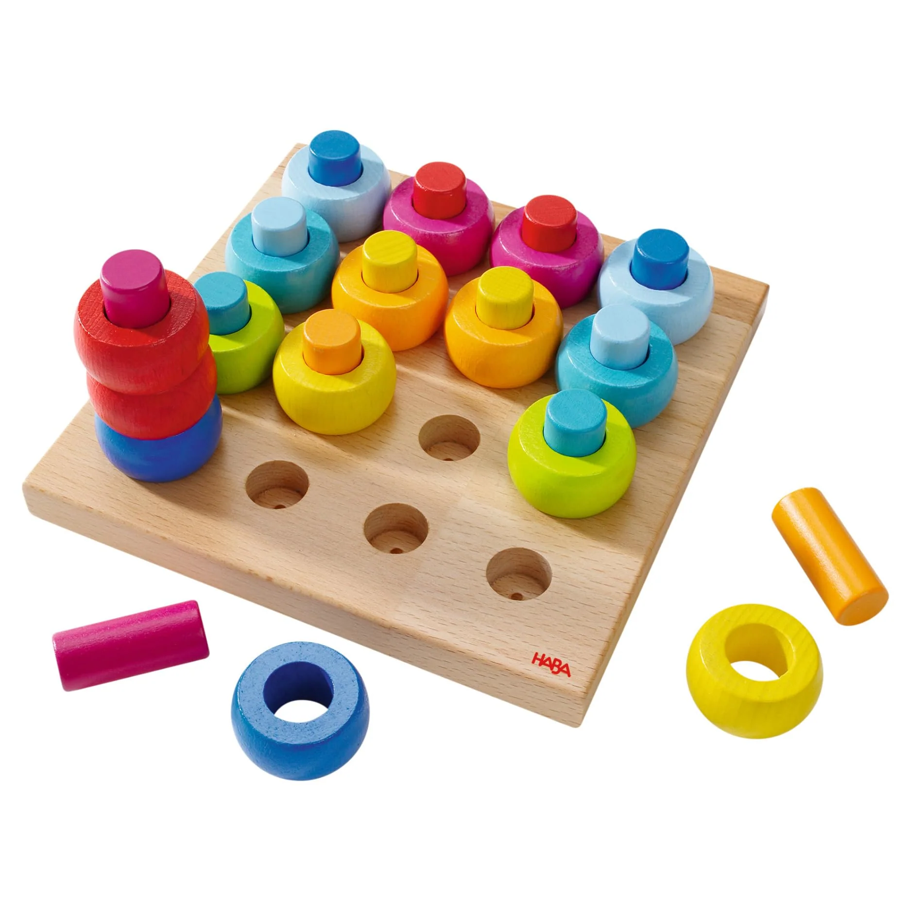 Haba 2202 - Steckspiel Farbkringel, buntes Sortier- und Motorikspielzeug aus Holz ab 2 Jahren, zum Farbenlernen