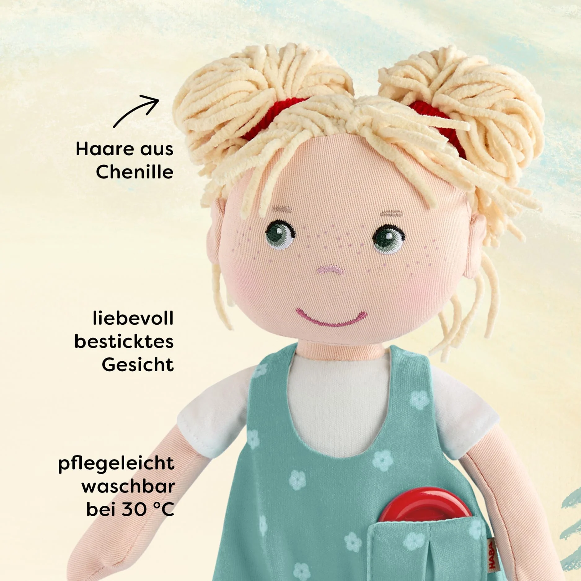 HABA Carmushka Puppe Tilli – 30 cm Stoffpuppe für Kleinkinder – weich, waschbar & leicht anziehbar – ab 18 Monaten – bekannt aus „Mein Knopf, EIN Universum“ – 2013203001 - Image 7