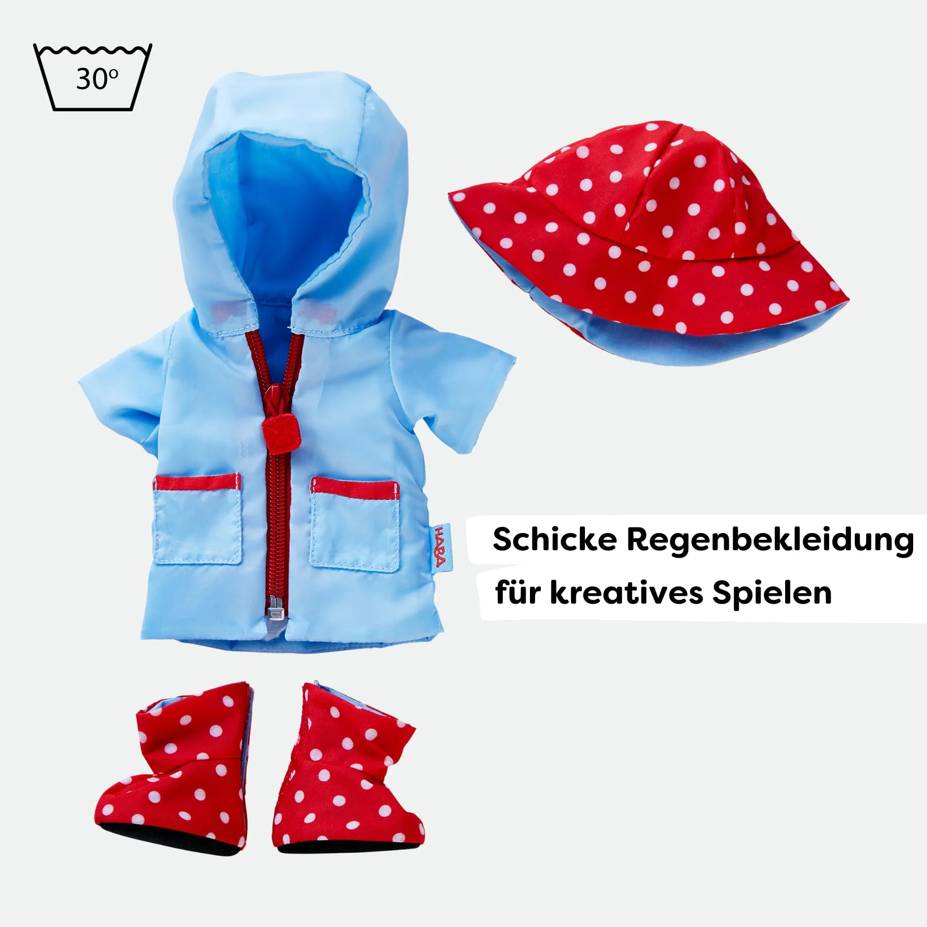 HABA Puppen-Kleiderset Regenzeit – Bekleidungsset für Puppen 30 bis 34 cm – Waschbar bei 30°C – Fördert Feinmotorik & Rollenspiel – 1303255001 - Image 4