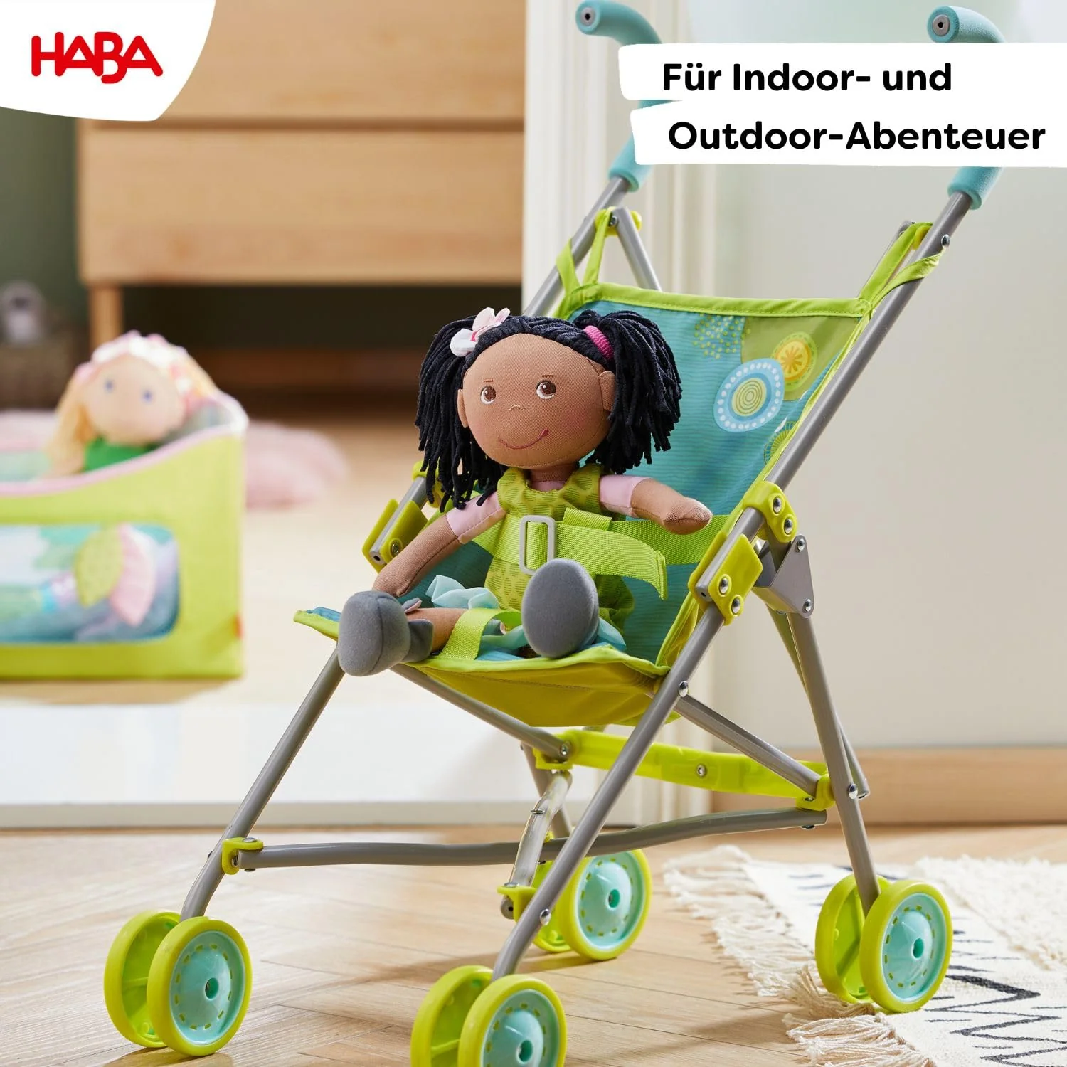 HABA Puppenbuggy Sommerwiese – Faltbarer Puppenwagen mit gepolsterten Griffen und waschbarem Bezug – Für Puppen und Stofftiere bis 45 cm – Puppenzubehör für Kinder ab 3 Jahren – 1306208001 - Image 7