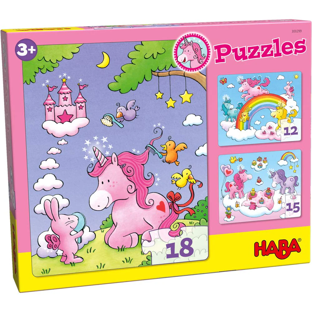 HABA Puzzles Einhorn Glitzerglück – 3 Zauberhafte Glitzerpuzzles mit Einhornmotiven, jeweils 12, 15 & 18 Teile – Fördert Motorik & Konzentration ab 3 Jahren – 1300299001