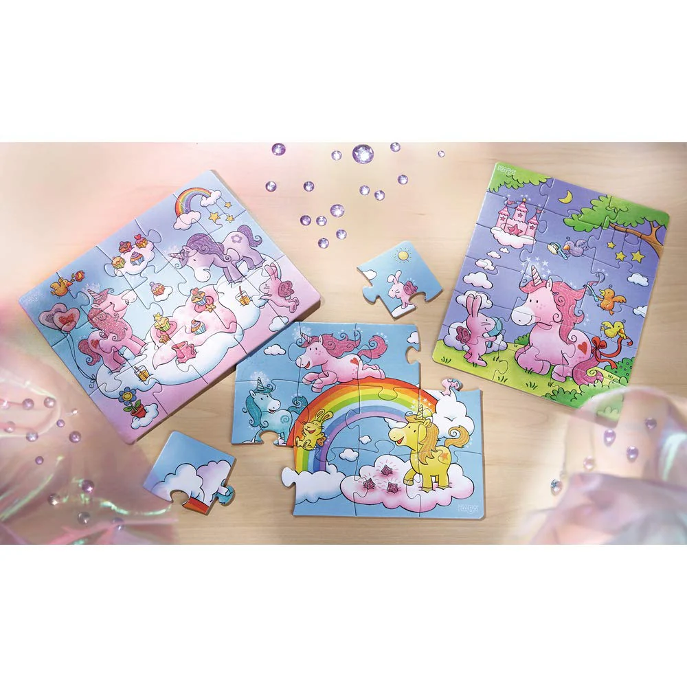 HABA Puzzles Einhorn Glitzerglück – 3 Zauberhafte Glitzerpuzzles mit Einhornmotiven, jeweils 12, 15 & 18 Teile – Fördert Motorik & Konzentration ab 3 Jahren – 1300299001 - Image 3