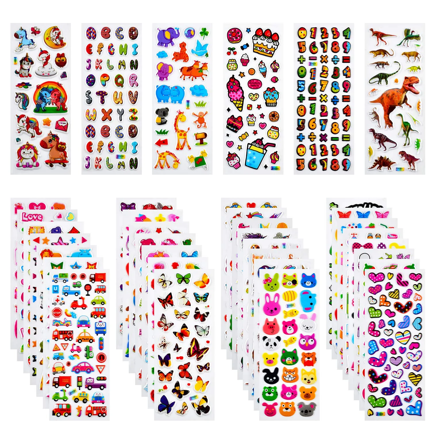 Habett 3D Aufkleber für Kinder & Kleinkinder, 920+ Geschwollen Stickers, Niedliche Verschiedene Set Buchstab en, Tier, Obst, Zahlen, Schmetterlinge, Einhorn, Dinosaurier und vieles mehr (36 Bogen)