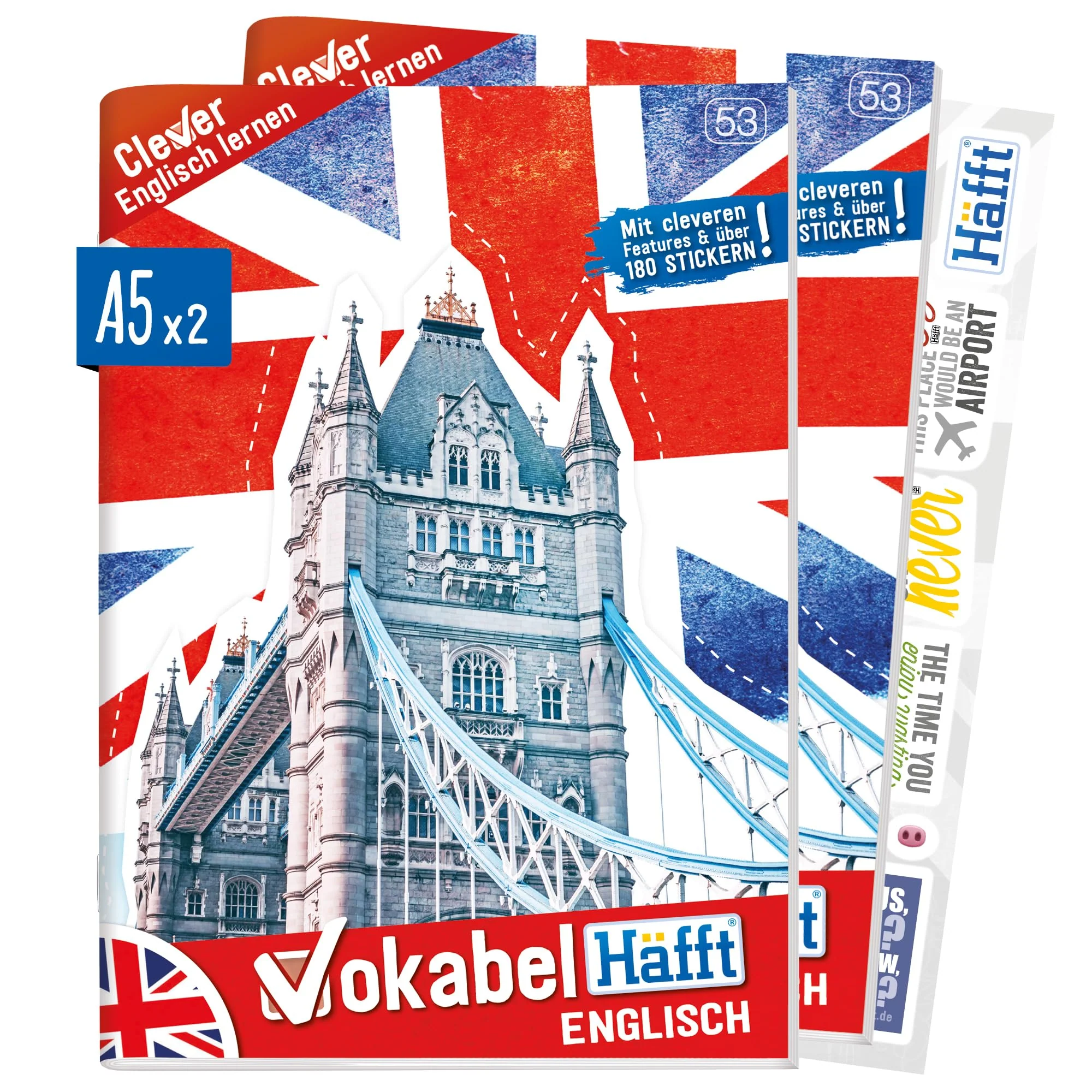 Häfft® 2 x Englisch Vokabelheft A5 mit 2 Spalten, liniert 64 Seiten - mit Sprüchen, Infos zu Kultur und Umgangssprache, Grammatik, Lernkontrollsystem, Stickern u.v.m