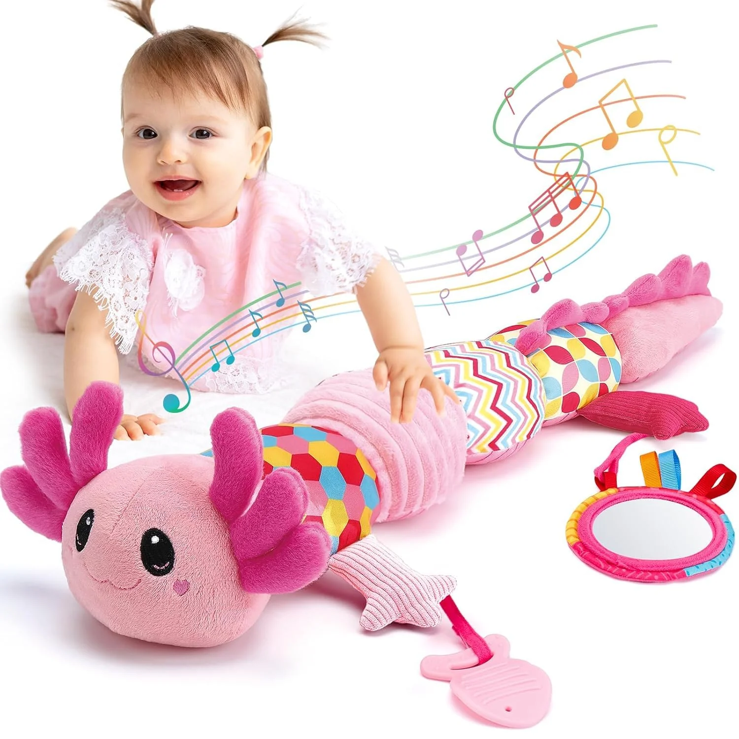 Hahaland Baby Spielzeug 0 3 6 Monate - Axolotl Musikspielzeug mit Rassel, Beißring, Spiegel und Lineal - Geschenk für Baby Mädchen und Neugeborene, Tummy Time Toy, Montessori, Sensorik spielzeug