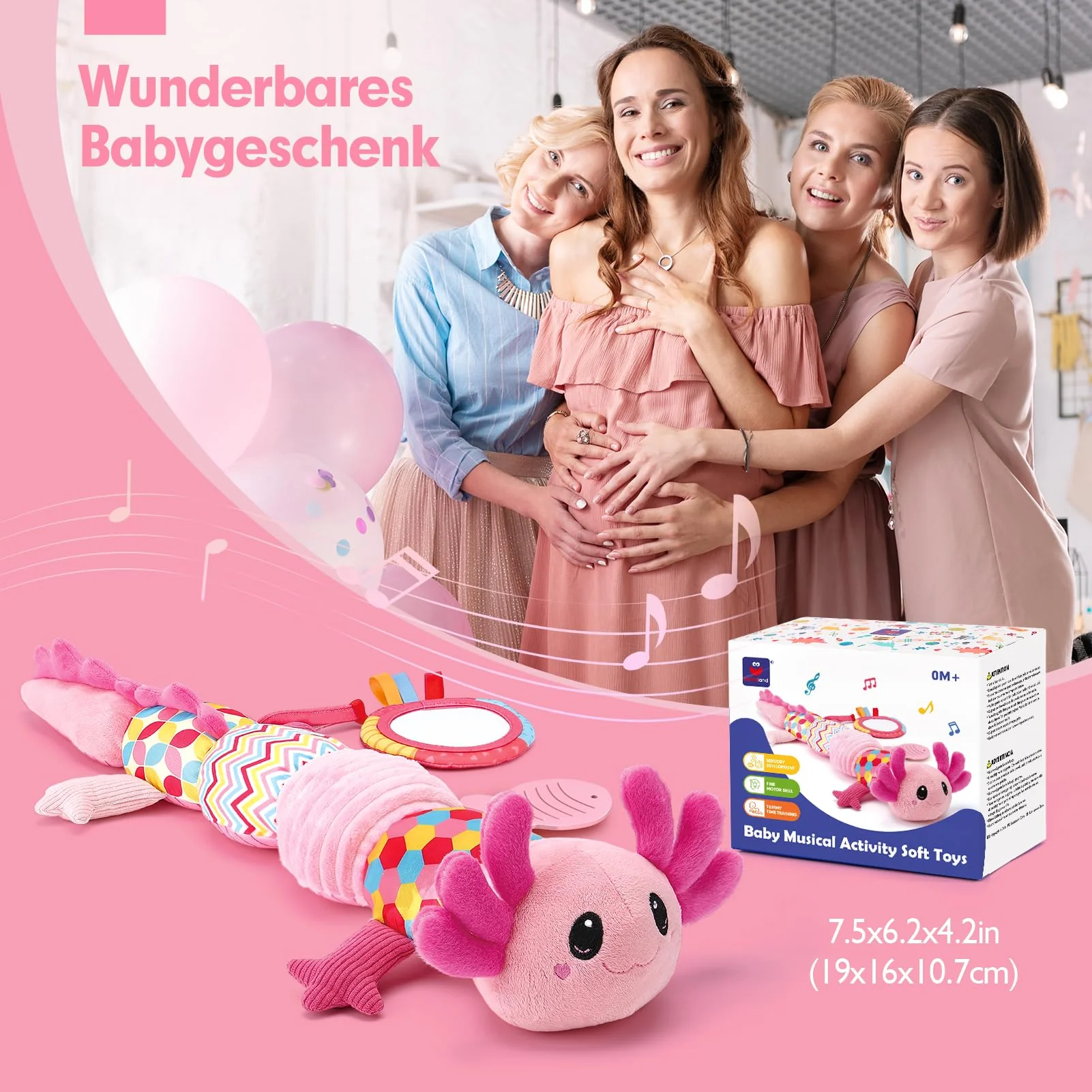 Hahaland Baby Spielzeug 0 3 6 Monate - Axolotl Musikspielzeug mit Rassel, Beißring, Spiegel und Lineal - Geschenk für Baby Mädchen und Neugeborene, Tummy Time Toy, Montessori, Sensorik spielzeug - Image 2