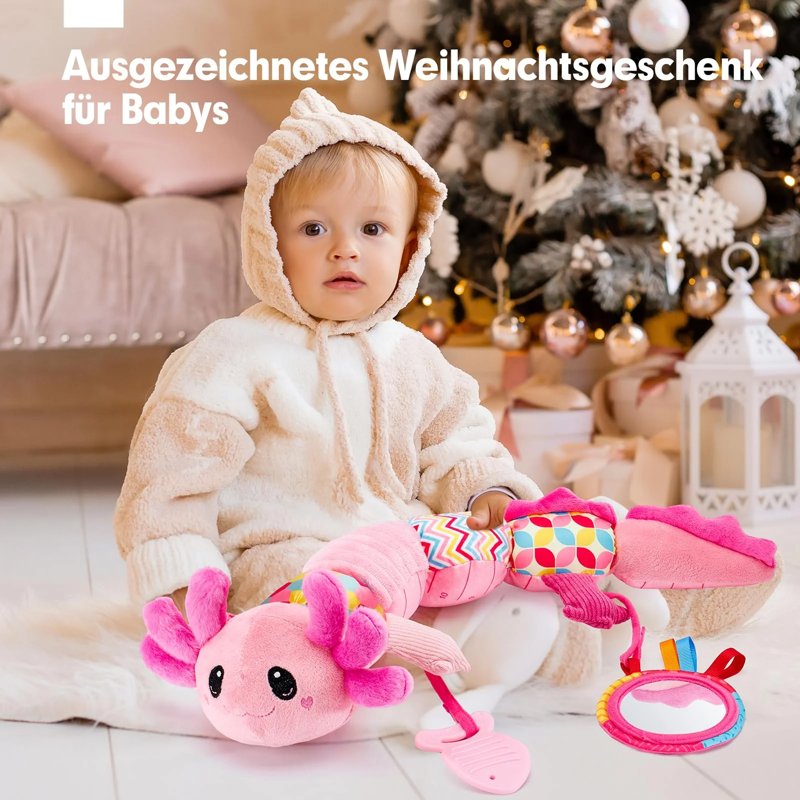 Hahaland Baby Spielzeug 0 3 6 Monate - Axolotl Musikspielzeug mit Rassel, Beißring, Spiegel und Lineal - Geschenk für Baby Mädchen und Neugeborene, Tummy Time Toy, Montessori, Sensorik spielzeug - Image 4