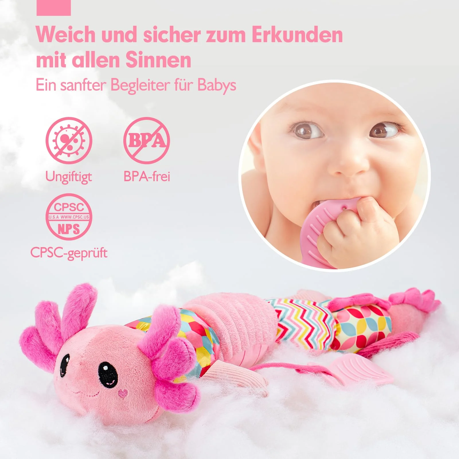 Hahaland Baby Spielzeug 0 3 6 Monate - Axolotl Musikspielzeug mit Rassel, Beißring, Spiegel und Lineal - Geschenk für Baby Mädchen und Neugeborene, Tummy Time Toy, Montessori, Sensorik spielzeug - Image 5