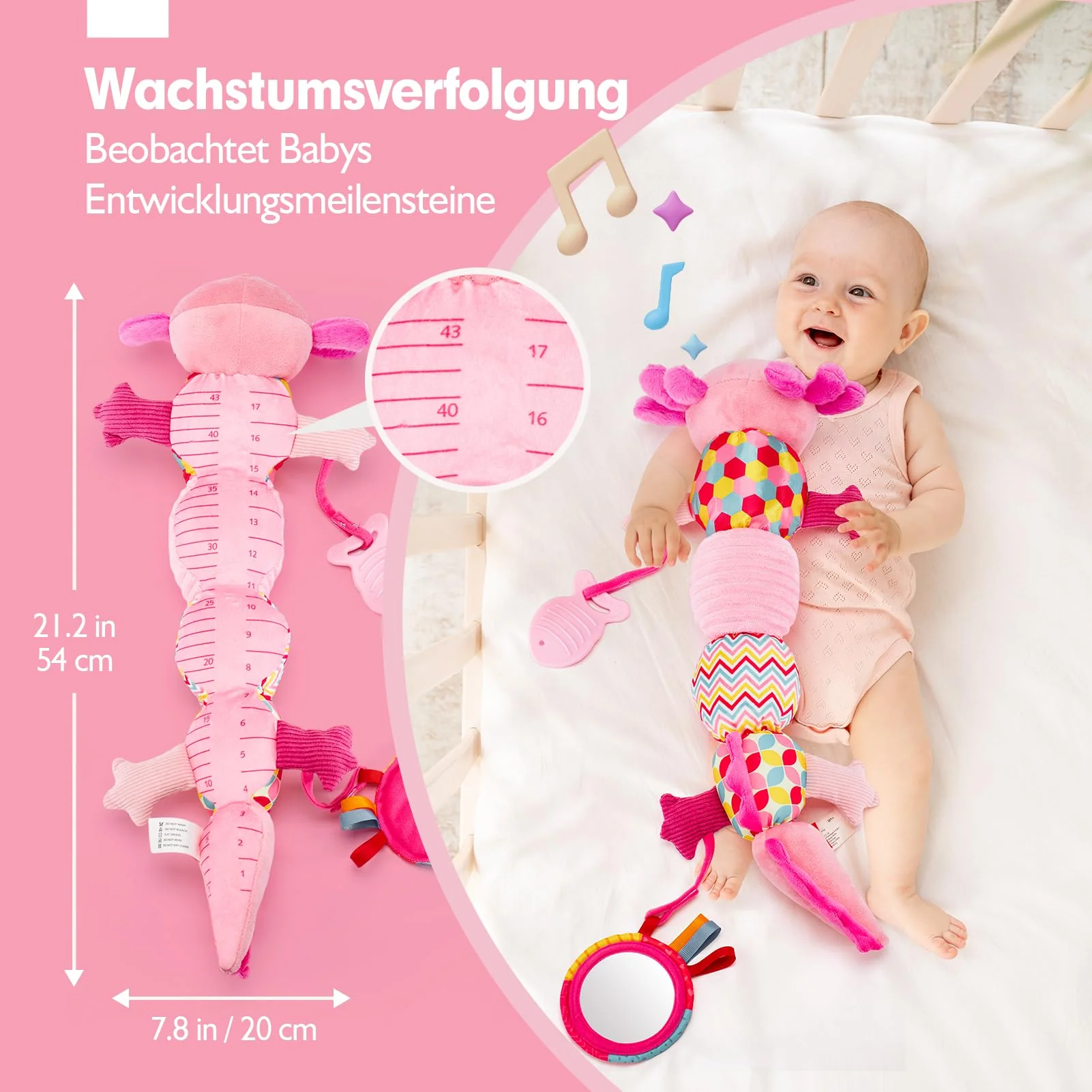 Hahaland Baby Spielzeug 0 3 6 Monate - Axolotl Musikspielzeug mit Rassel, Beißring, Spiegel und Lineal - Geschenk für Baby Mädchen und Neugeborene, Tummy Time Toy, Montessori, Sensorik spielzeug - Image 6