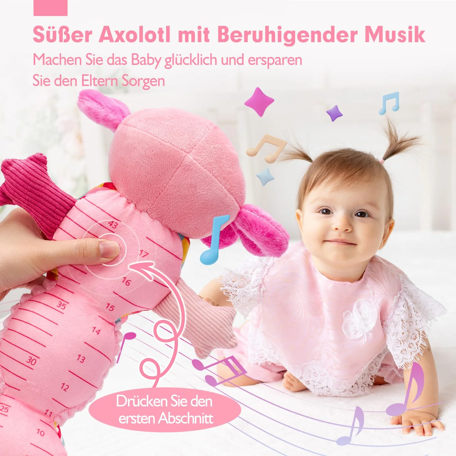 Hahaland Baby Spielzeug 0 3 6 Monate - Axolotl Musikspielzeug mit Rassel, Beißring, Spiegel und Lineal - Geschenk für Baby Mädchen und Neugeborene, Tummy Time Toy, Montessori, Sensorik spielzeug - Image 7
