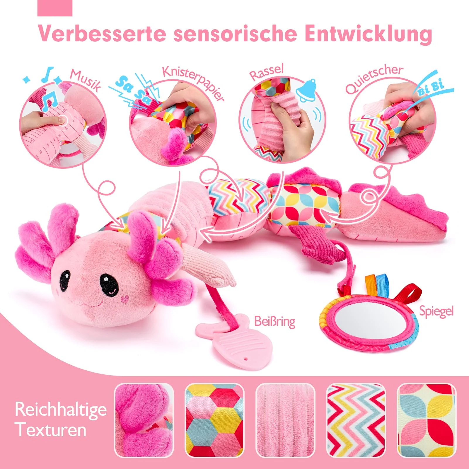 Hahaland Baby Spielzeug 0 3 6 Monate - Axolotl Musikspielzeug mit Rassel, Beißring, Spiegel und Lineal - Geschenk für Baby Mädchen und Neugeborene, Tummy Time Toy, Montessori, Sensorik spielzeug - Image 8