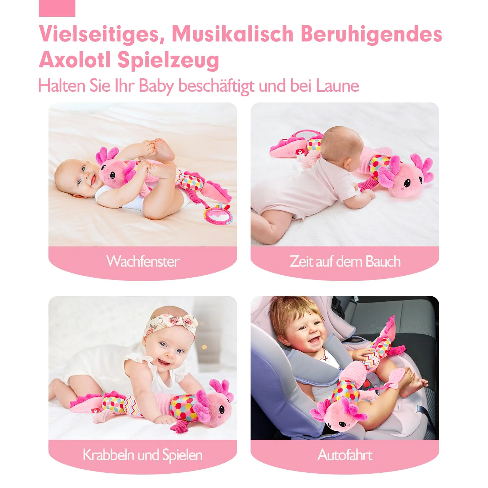 Hahaland Baby Spielzeug 0 3 6 Monate - Axolotl Musikspielzeug mit Rassel, Beißring, Spiegel und Lineal - Geschenk für Baby Mädchen und Neugeborene, Tummy Time Toy, Montessori, Sensorik spielzeug - Image 9