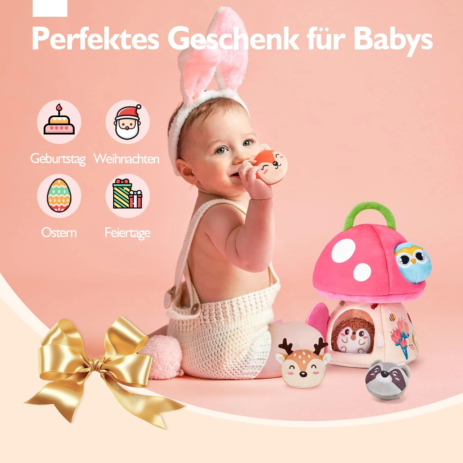 hahaland Baby Spielzeug 6 12 18 Monate, Pilzhaus mit Tieren Rassel, Krepppapier,Spiegel,Lernspielzeug für Babys Fördert Sensorische & Motorik,Montessori Spielzeug Geschenk für Kleinkinder 1 2 3 Jahren - Image 2