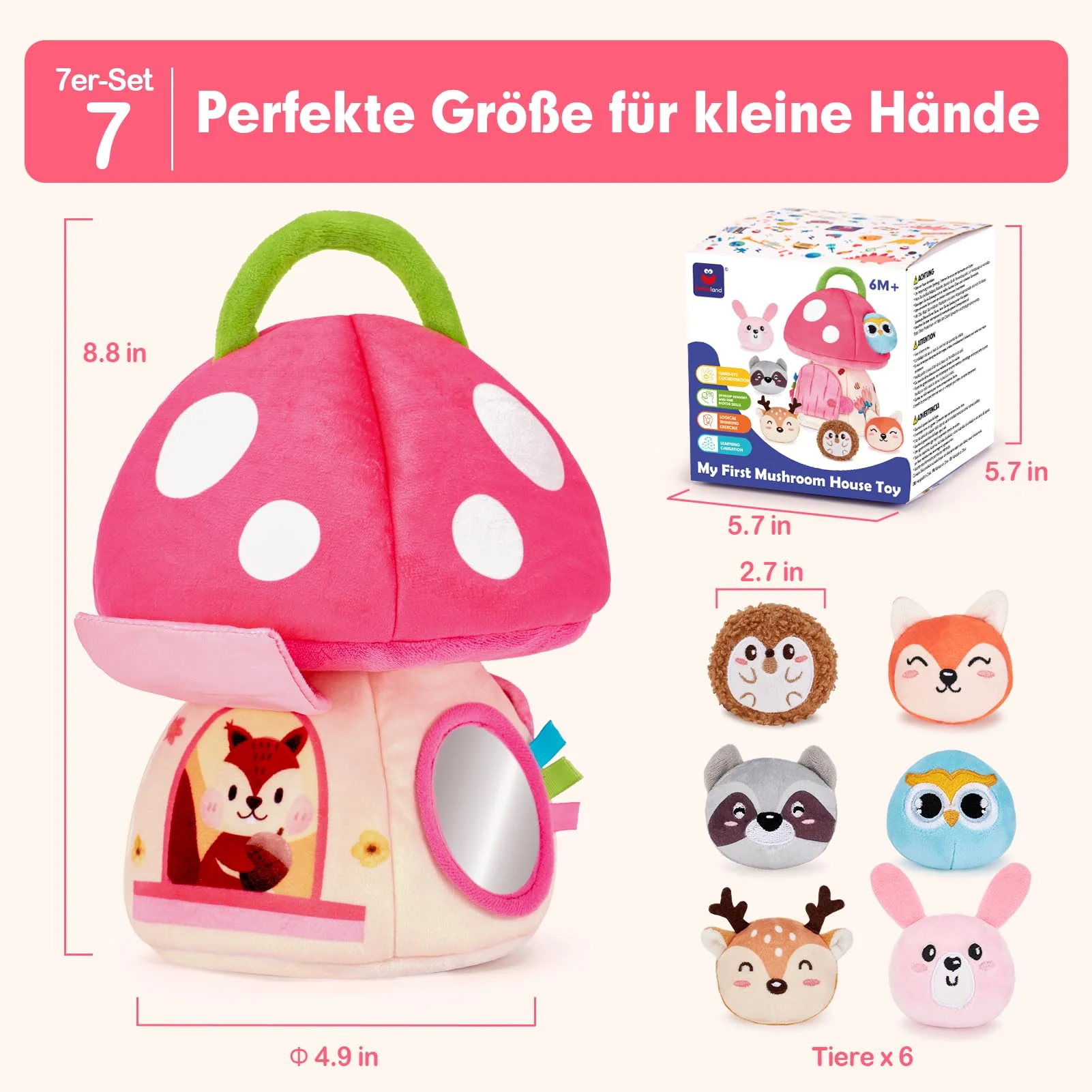 hahaland Baby Spielzeug 6 12 18 Monate, Pilzhaus mit Tieren Rassel, Krepppapier,Spiegel,Lernspielzeug für Babys Fördert Sensorische & Motorik,Montessori Spielzeug Geschenk für Kleinkinder 1 2 3 Jahren - Image 3