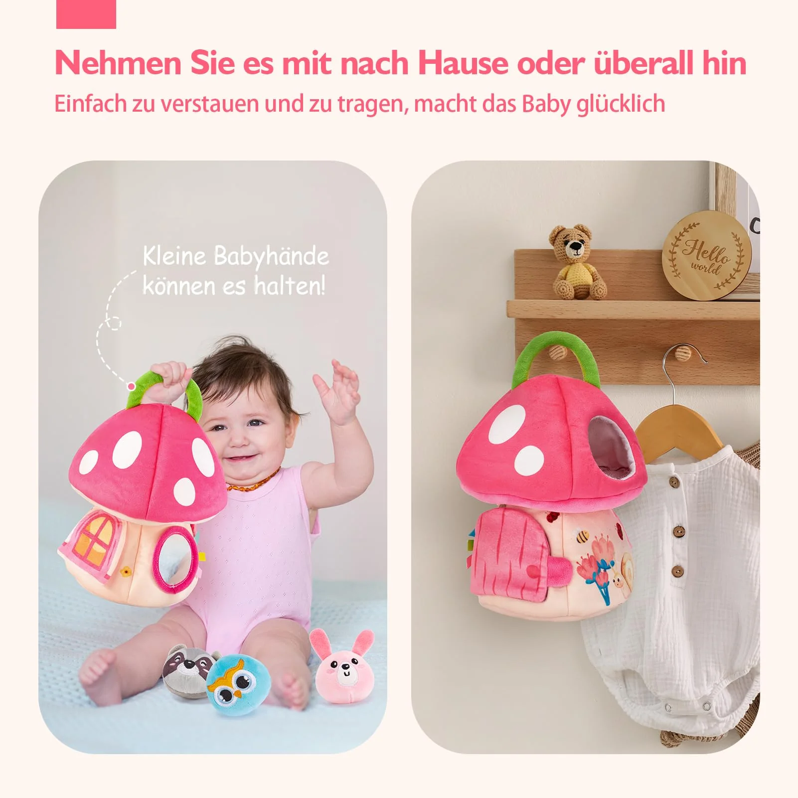hahaland Baby Spielzeug 6 12 18 Monate, Pilzhaus mit Tieren Rassel, Krepppapier,Spiegel,Lernspielzeug für Babys Fördert Sensorische & Motorik,Montessori Spielzeug Geschenk für Kleinkinder 1 2 3 Jahren - Image 5