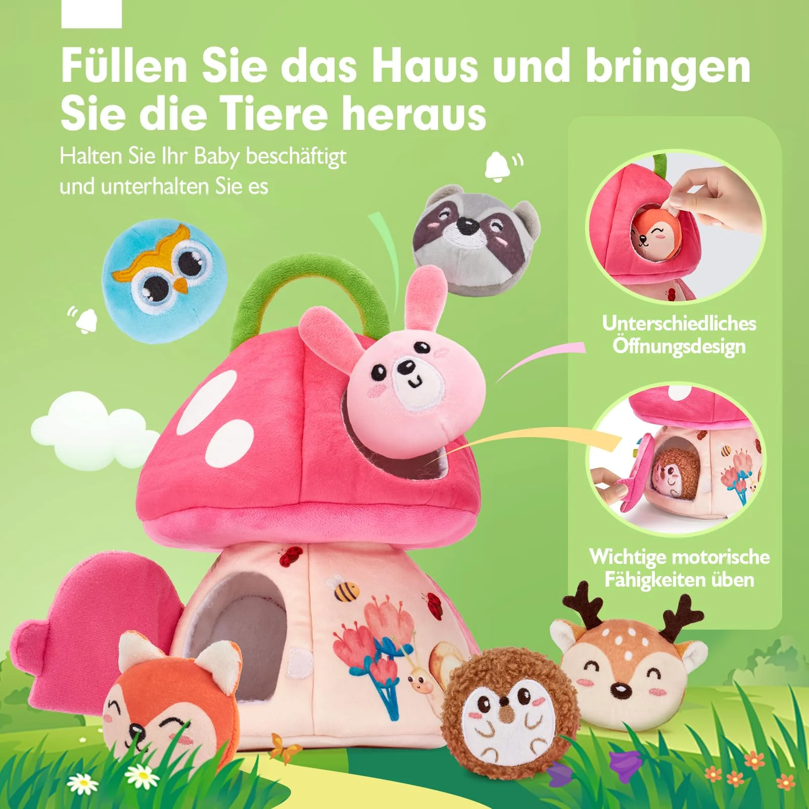 hahaland Baby Spielzeug 6 12 18 Monate, Pilzhaus mit Tieren Rassel, Krepppapier,Spiegel,Lernspielzeug für Babys Fördert Sensorische & Motorik,Montessori Spielzeug Geschenk für Kleinkinder 1 2 3 Jahren - Image 8