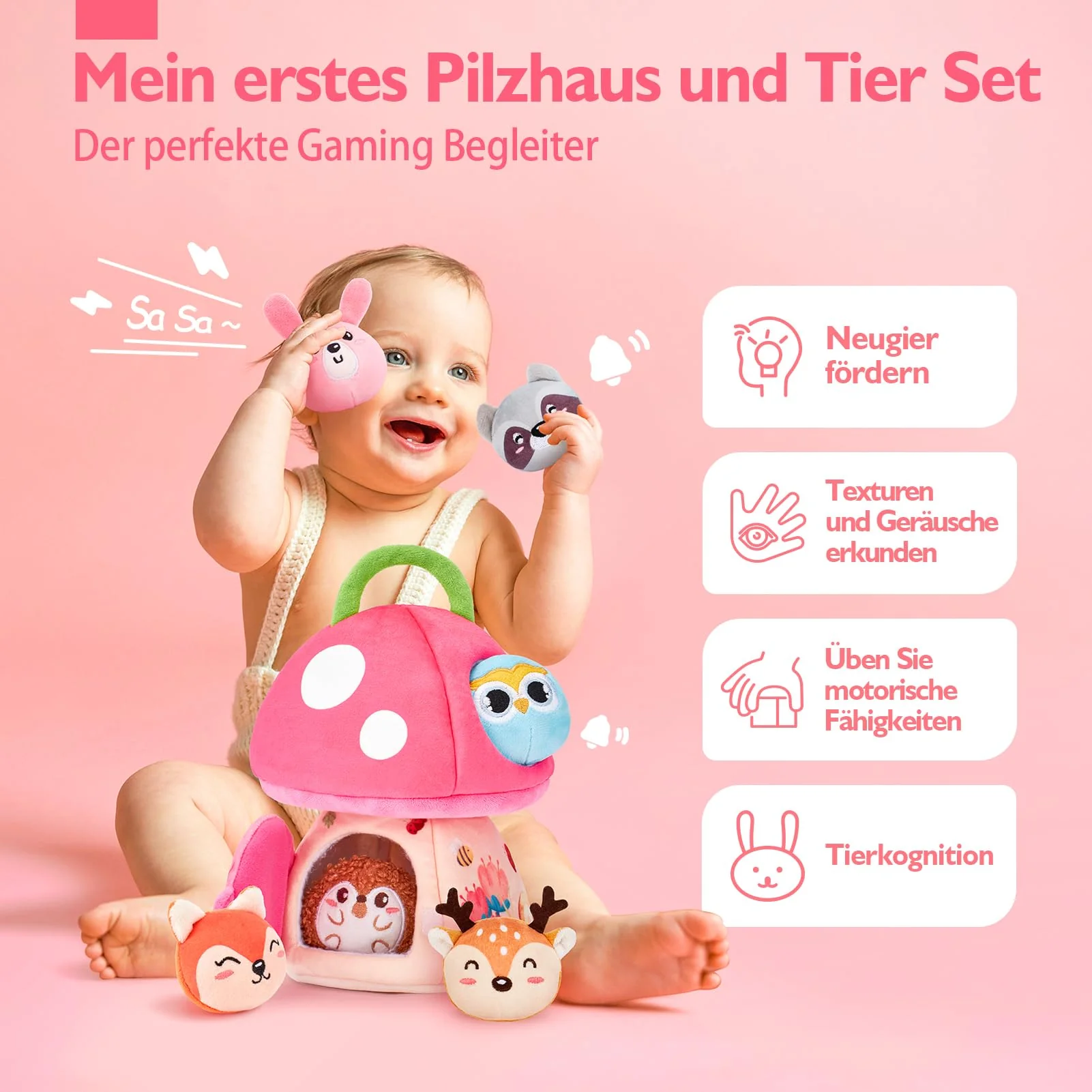 hahaland Baby Spielzeug 6 12 18 Monate, Pilzhaus mit Tieren Rassel, Krepppapier,Spiegel,Lernspielzeug für Babys Fördert Sensorische & Motorik,Montessori Spielzeug Geschenk für Kleinkinder 1 2 3 Jahren - Image 9
