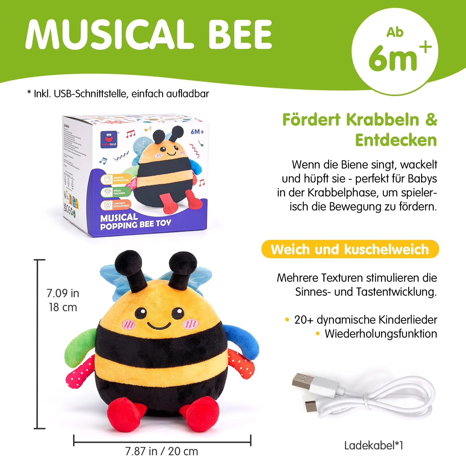 hahaland Baby Spielzeug 6 7 8 9 10 12 Monate,Biene Kuscheltier, Musikalische Spielzeuge ab 1 2 Jahr Mädchen Jungen,Krabbelspielzeug Tummy Time Toy, Neugeborenes Geschenk - Image 4