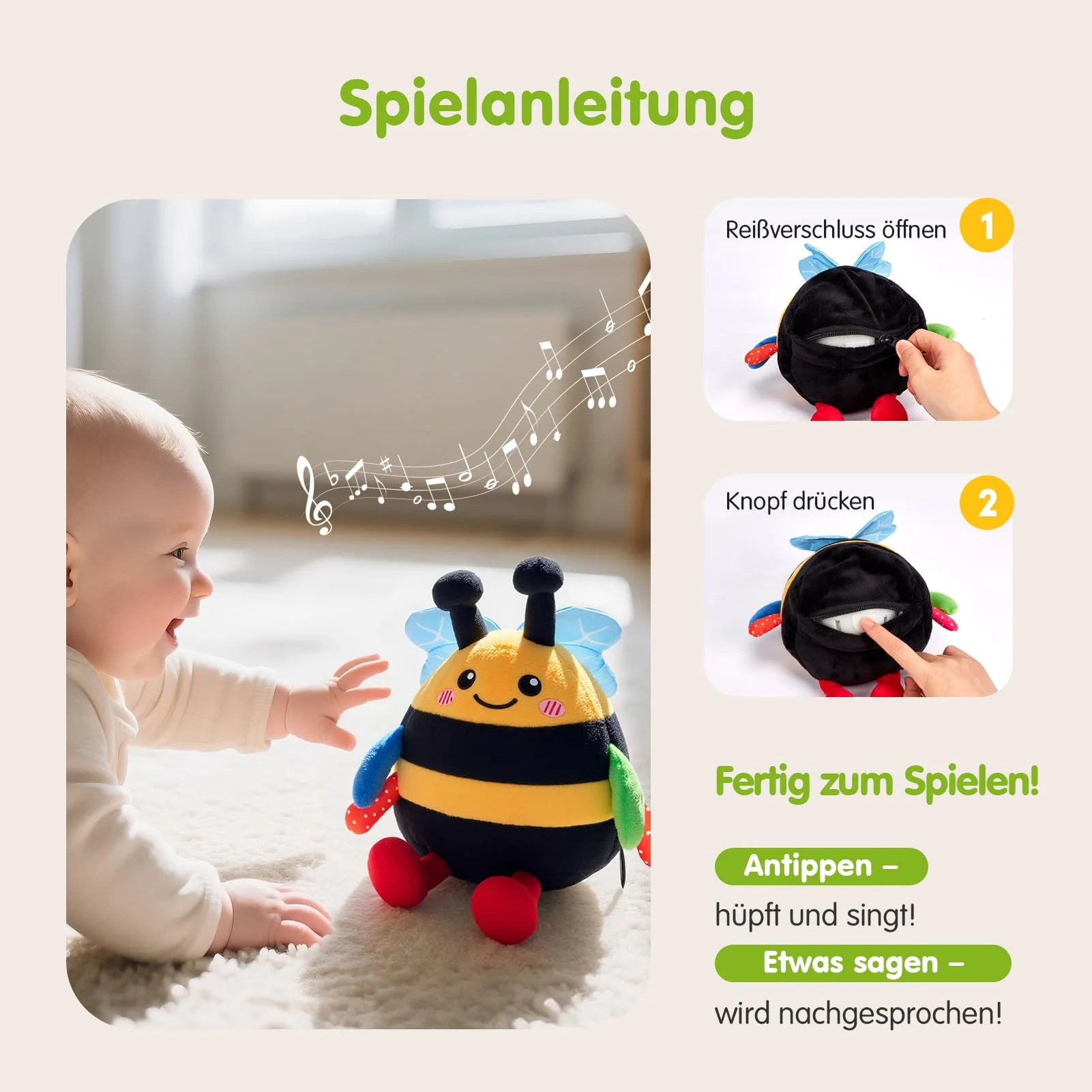 hahaland Baby Spielzeug 6 7 8 9 10 12 Monate,Biene Kuscheltier, Musikalische Spielzeuge ab 1 2 Jahr Mädchen Jungen,Krabbelspielzeug Tummy Time Toy, Neugeborenes Geschenk - Image 6