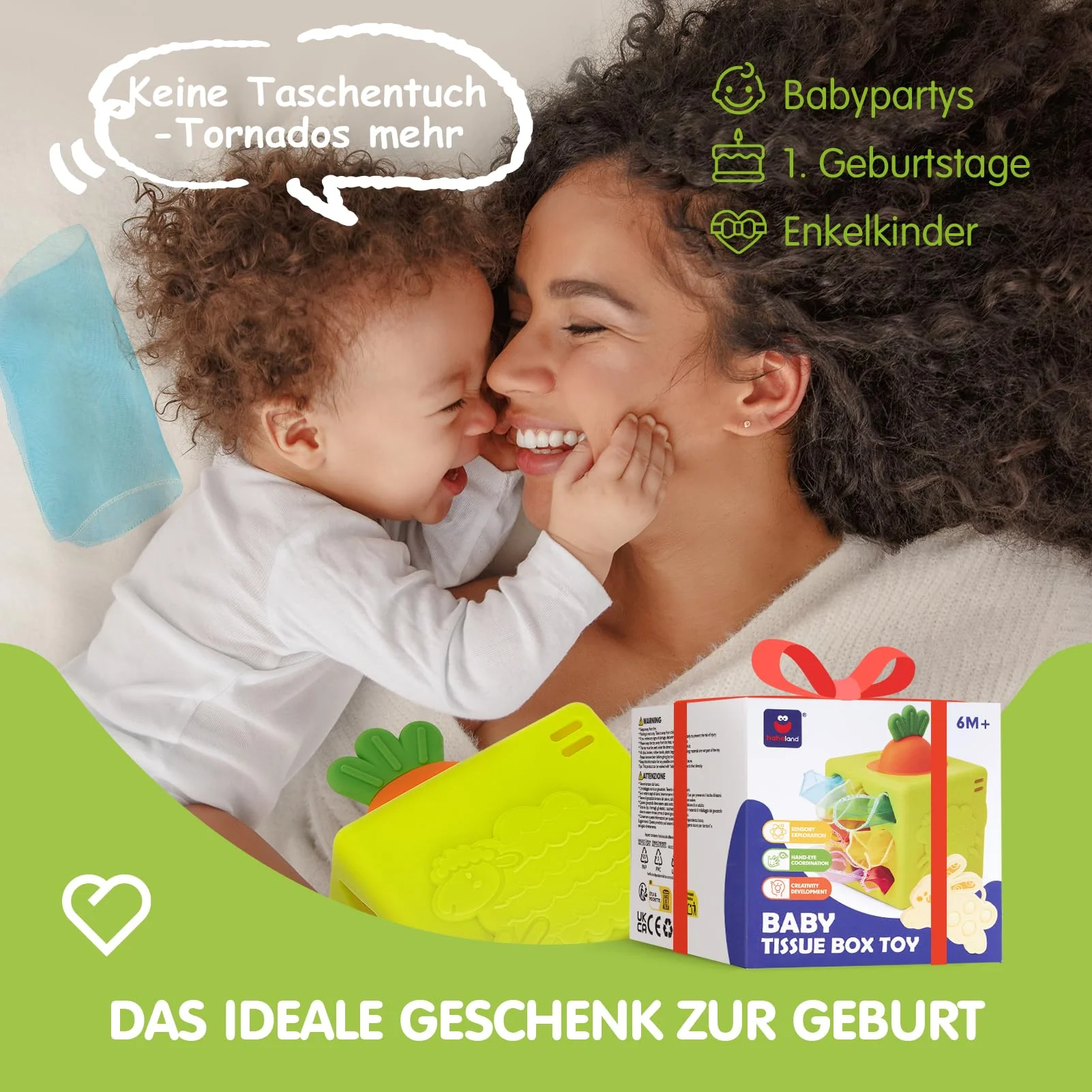 hahaland Baby Spielzeug 6 Monate - Silikon Tücher Box, Montessori Tücherbox Baby Sensorik Spielzeug, 6-in-1 Busy Würfel mit Tüchern, Spiegel, Beißring,Geschenk für Babyspielzeug ab 6 9 12 Monate - Image 2