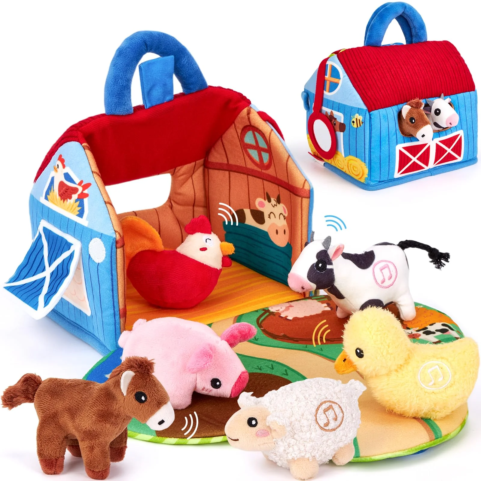 hahaland Bauernhof Baby Spielzeug 6 Monate mit 2-in-1 Scheunen & Spielmatten,7 Sensorik Plüschtiere Set– Macht Tiergeräusche & Spricht Englische Tiernamen,Montessori Baby Geschenk ab 6 7 8 9 10 Monate