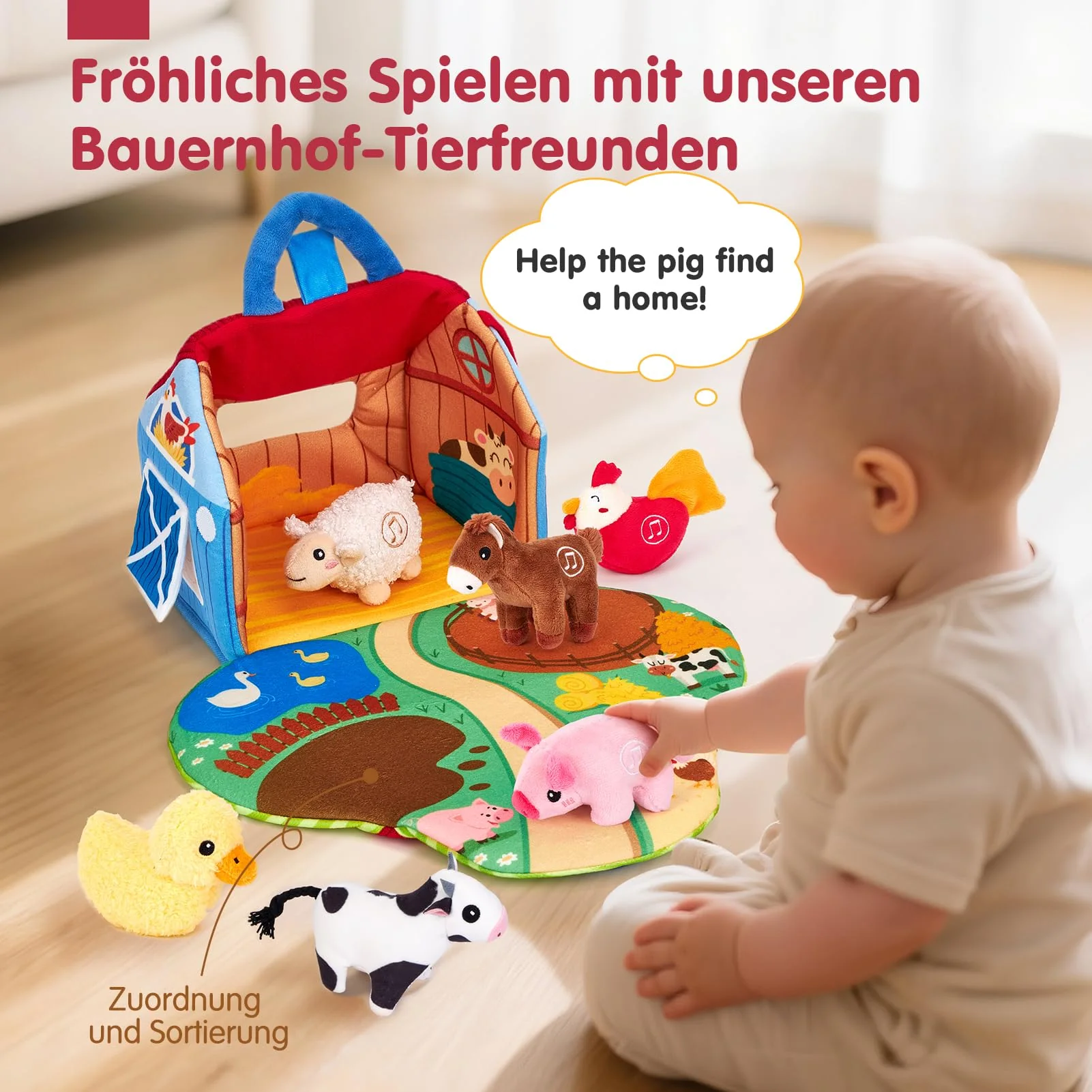 hahaland Bauernhof Baby Spielzeug 6 Monate mit 2-in-1 Scheunen & Spielmatten,7 Sensorik Plüschtiere Set– Macht Tiergeräusche & Spricht Englische Tiernamen,Montessori Baby Geschenk ab 6 7 8 9 10 Monate - Image 6
