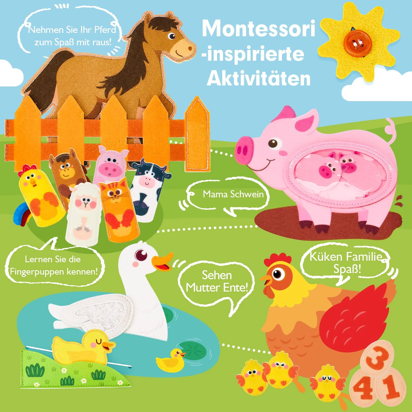hahaland Busy Board ab 1 Jahr, 3D Filz Bauernhof Quiet Book ab 1 Jahre, Förderung Feinmotorischen Fähigkeiten,Frühes Lernspielzeug für Kinder,Busy Book für Autofahrt,Montessori Spielzeug ab 1 Jahr - Image 7