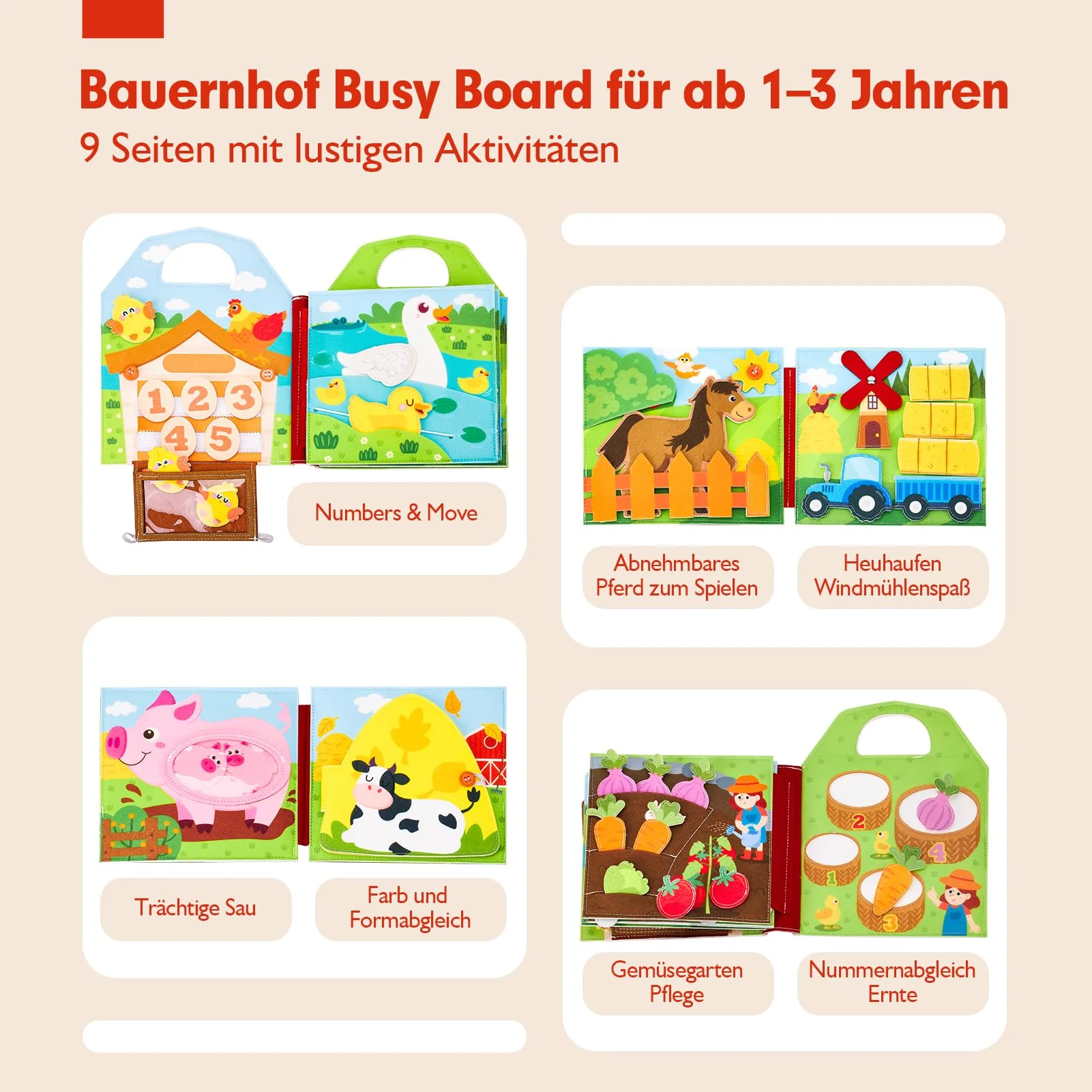 hahaland Busy Board ab 1 Jahr, 3D Filz Bauernhof Quiet Book ab 1 Jahre, Förderung Feinmotorischen Fähigkeiten,Frühes Lernspielzeug für Kinder,Busy Book für Autofahrt,Montessori Spielzeug ab 1 Jahr - Image 8