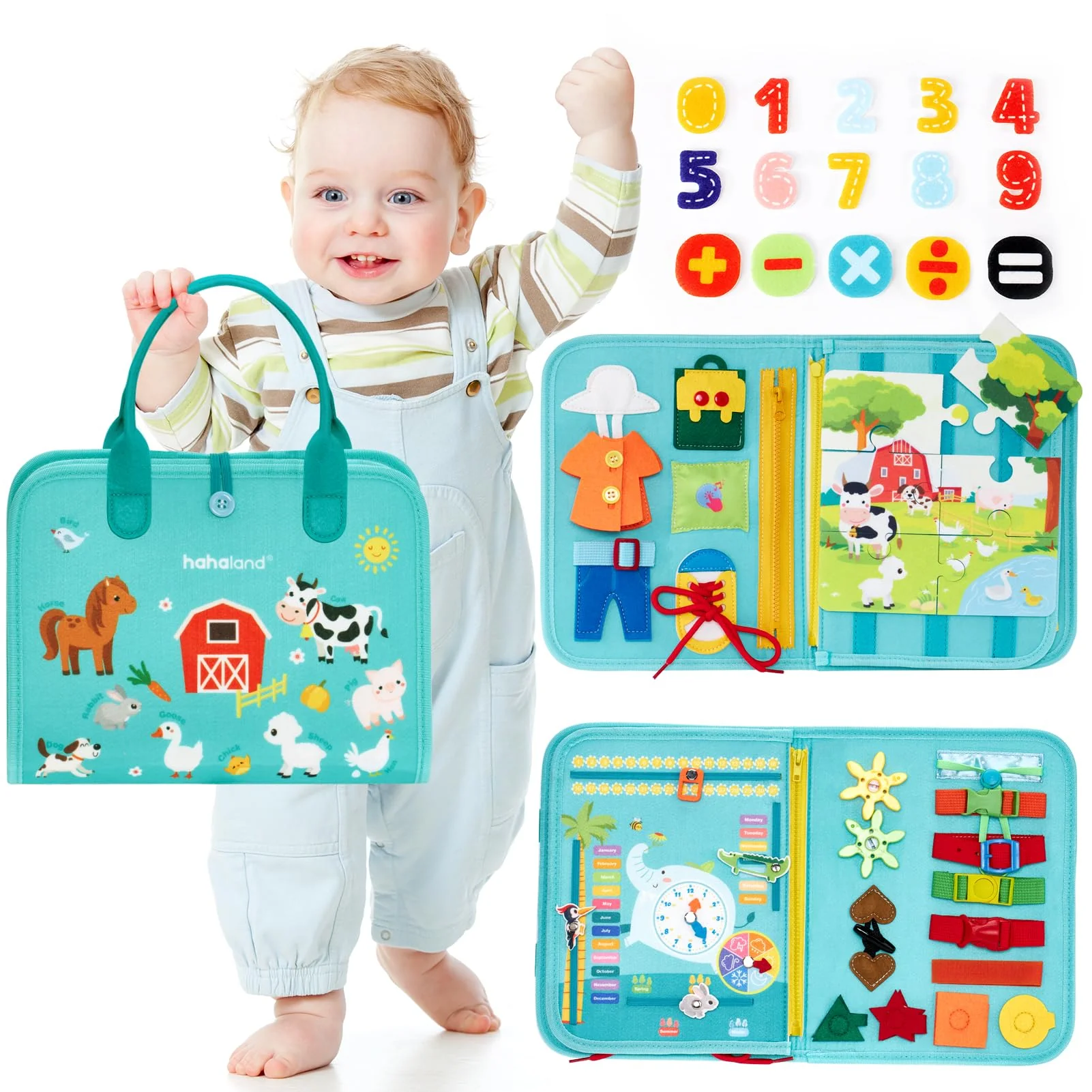 hahaland Montessori Busy Board,Interaktives Lernspielzeug und Motorikspielzeug für Kinder mit 15 Aktivitäten, Activity Board für Reise Autofahrt Flugzeug, ideales Busy Book Geschenk Jungen Mädchen