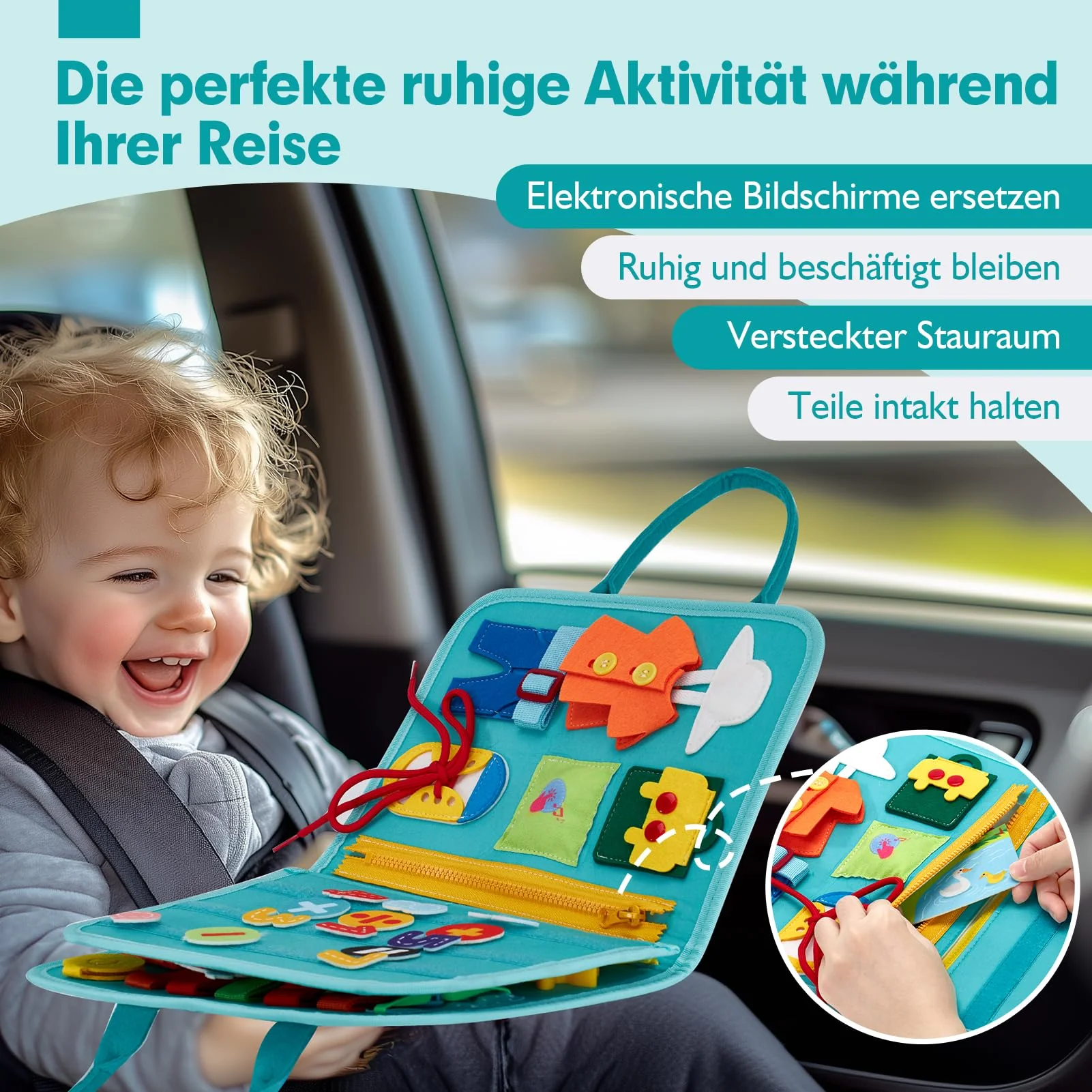 hahaland Montessori Busy Board,Interaktives Lernspielzeug und Motorikspielzeug für Kinder mit 15 Aktivitäten, Activity Board für Reise Autofahrt Flugzeug, ideales Busy Book Geschenk Jungen Mädchen - Image 3