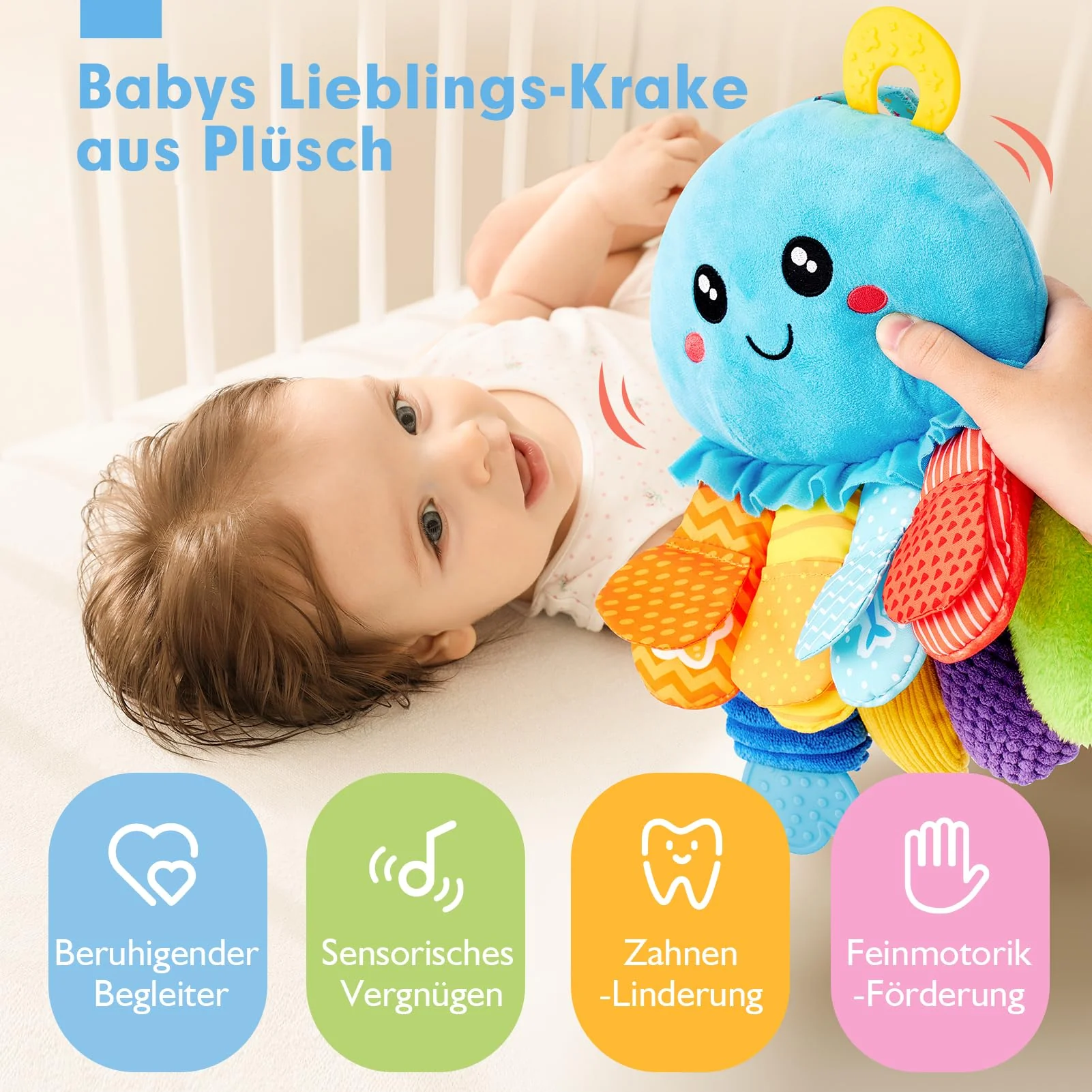 hahaland Oktopus Activity Sensorik Rassel mit Beißring,Spiegel,Baby Knister Spielzeug zum Greifen für Jungen und Mädchen 0 3 6 Monate,Neugeborene Geschenk, Montessori Greifling Spielzeug - Image 6