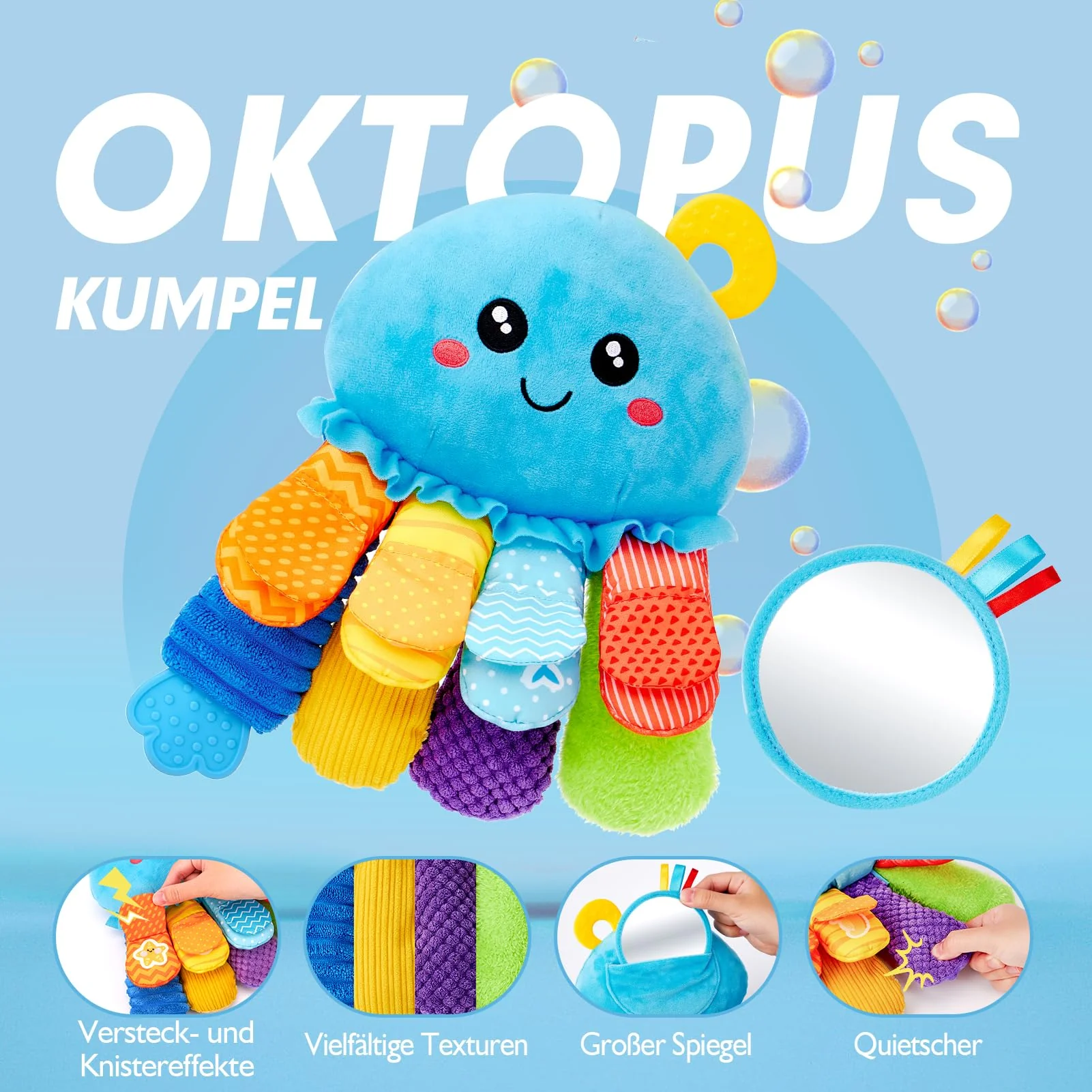 hahaland Oktopus Activity Sensorik Rassel mit Beißring,Spiegel,Baby Knister Spielzeug zum Greifen für Jungen und Mädchen 0 3 6 Monate,Neugeborene Geschenk, Montessori Greifling Spielzeug - Image 8