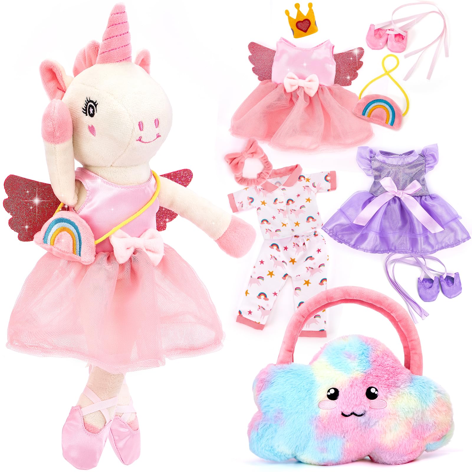 hahaland Plüschtier Einhorn Spielzeug ab 3-8 Jahre,Weiche Ballett Unicorn Stoffpuppe Kuscheln,Einhorns Kuscheltier Set mit 3er-Kleidungsset zum Anziehen,Einhorn Ggeschenke für Mädchen 3 4 5 6 7 Jahre