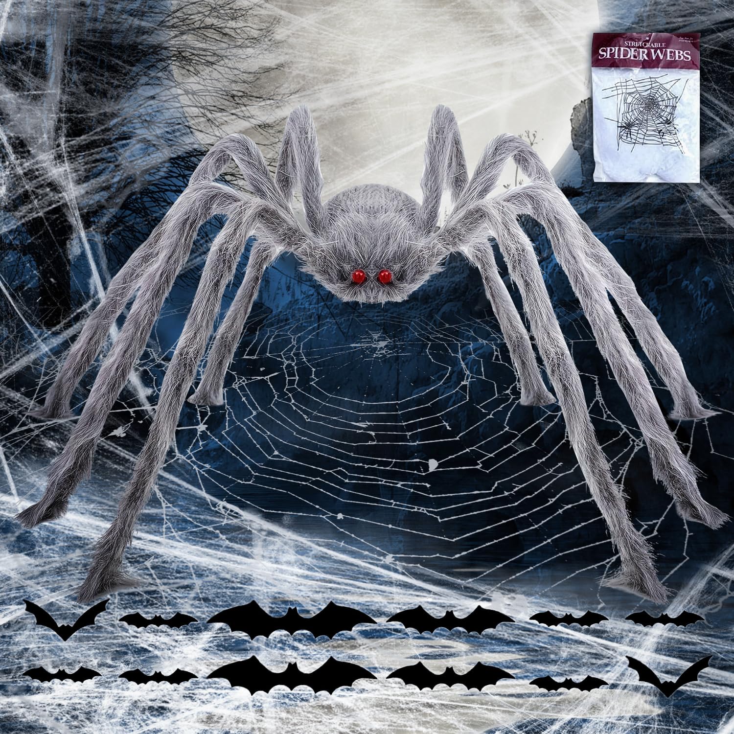 Halloween Deko Riesen Spinne, 1.52 Meter Spinne XXL Mit 12 Fledermäuse und 60g Spinnenbaumwolle, Riesenspinne Halloween Outdoor, Halloween Deko Groß, Plüsch Deko Rationsspinne für Garten, Party (Grau)