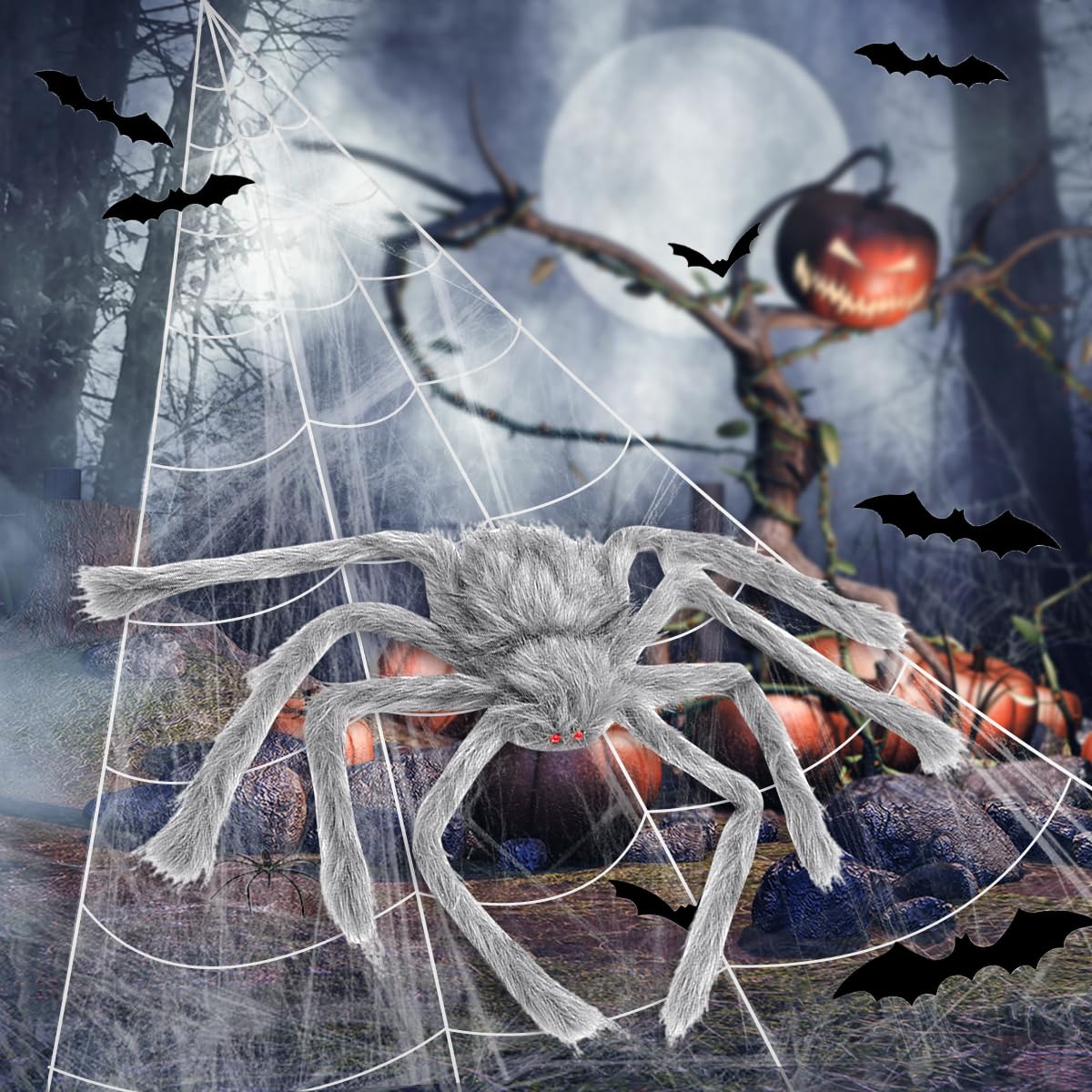 Halloween Deko Riesen Spinne, 1.52 Meter Spinne XXL Mit 12 Fledermäuse und 60g Spinnenbaumwolle, Riesenspinne Halloween Outdoor, Halloween Deko Groß, Plüsch Deko Rationsspinne für Garten, Party (Grau) - Image 7