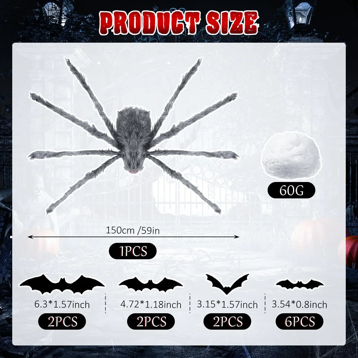 Halloween Deko Riesen Spinne, 1.52 Meter Spinne XXL Mit 12 Fledermäuse und 60g Spinnenbaumwolle, Riesenspinne Halloween Outdoor, Halloween Deko Groß, Plüsch Deko Rationsspinne für Garten, Party (Grau) - Image 8