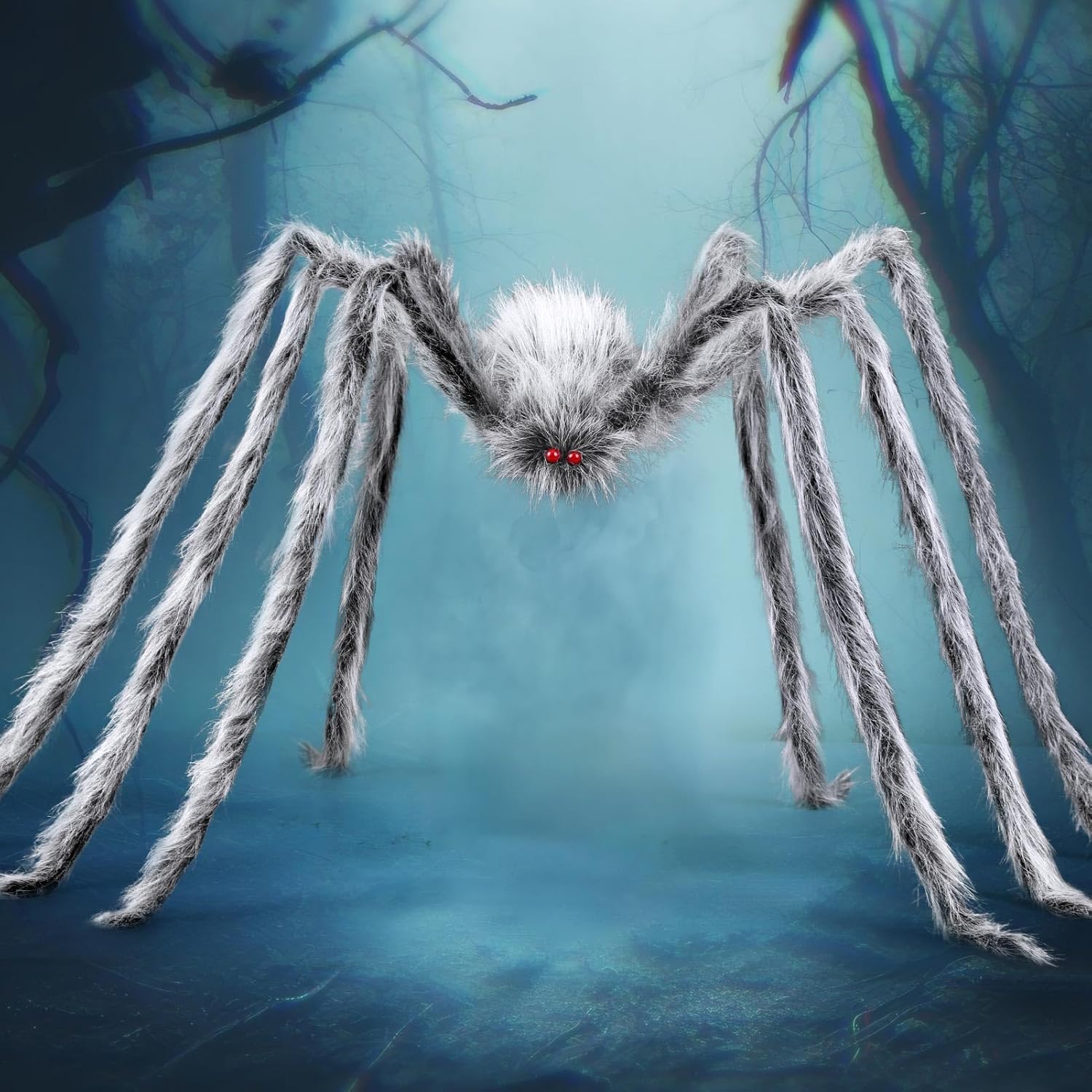 Halloween Riesenspinne 200 cm – Realistische Schwarze Haarige Spinne Deko mit Roten Augen & Biegbaren Beinen – Gruselige Indoor & Outdoor Halloween Party Deko für Garten, Haus, Fenster & Spukhaus