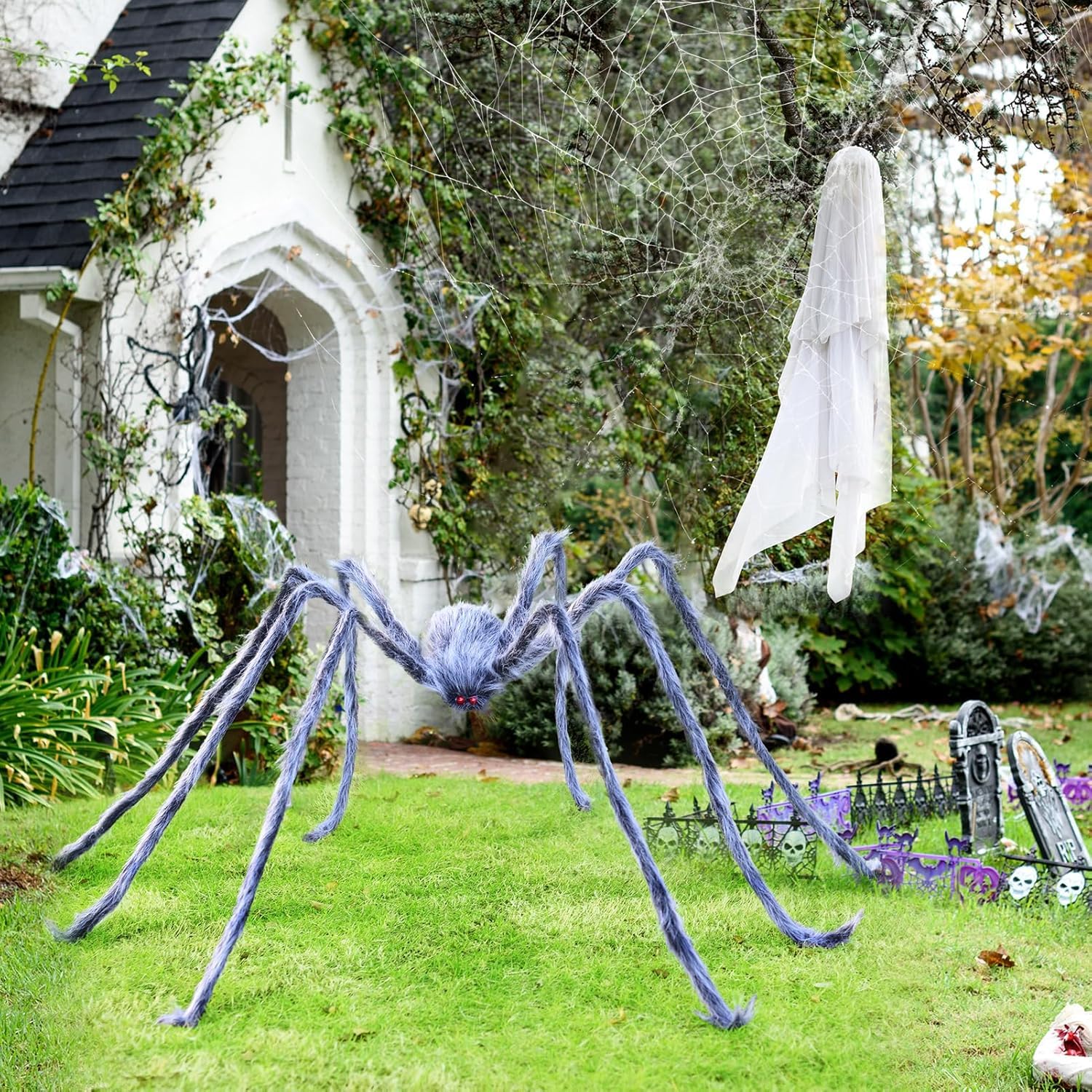 Halloween Riesenspinne 200 cm – Realistische Schwarze Haarige Spinne Deko mit Roten Augen & Biegbaren Beinen – Gruselige Indoor & Outdoor Halloween Party Deko für Garten, Haus, Fenster & Spukhaus - Image 2