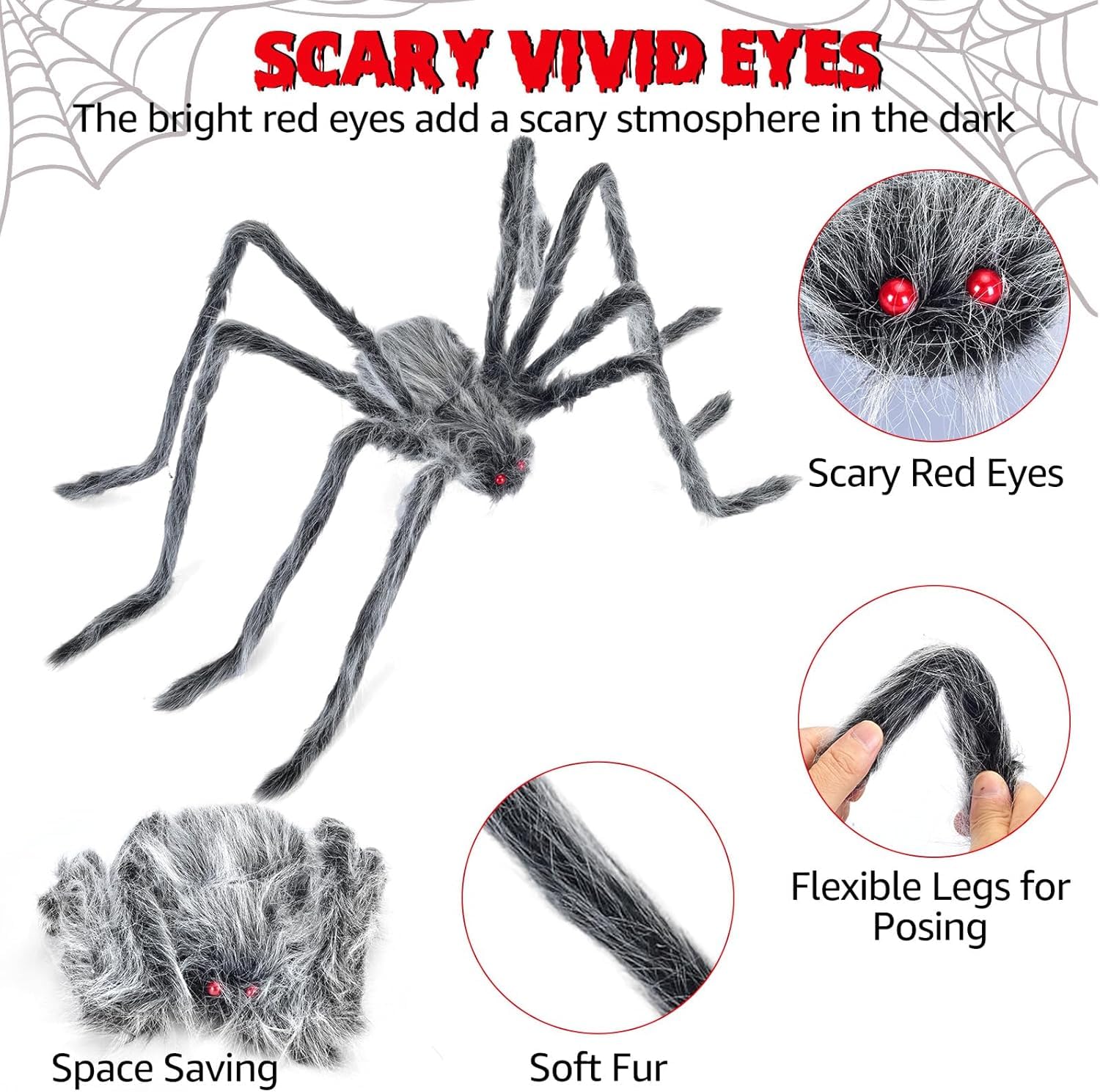 Halloween Riesenspinne 200 cm – Realistische Schwarze Haarige Spinne Deko mit Roten Augen & Biegbaren Beinen – Gruselige Indoor & Outdoor Halloween Party Deko für Garten, Haus, Fenster & Spukhaus - Image 5