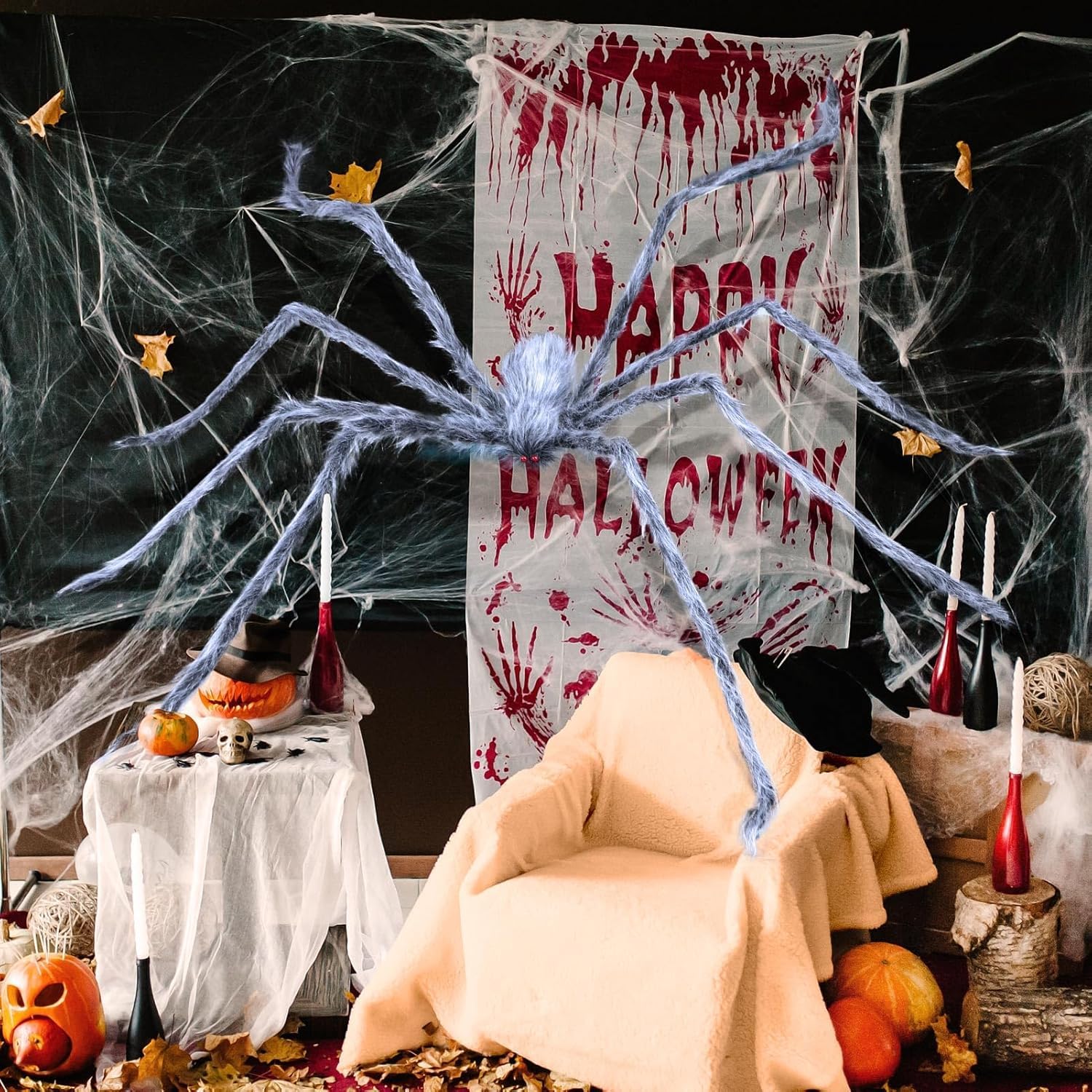 Halloween Riesenspinne 200 cm – Realistische Schwarze Haarige Spinne Deko mit Roten Augen & Biegbaren Beinen – Gruselige Indoor & Outdoor Halloween Party Deko für Garten, Haus, Fenster & Spukhaus - Image 7