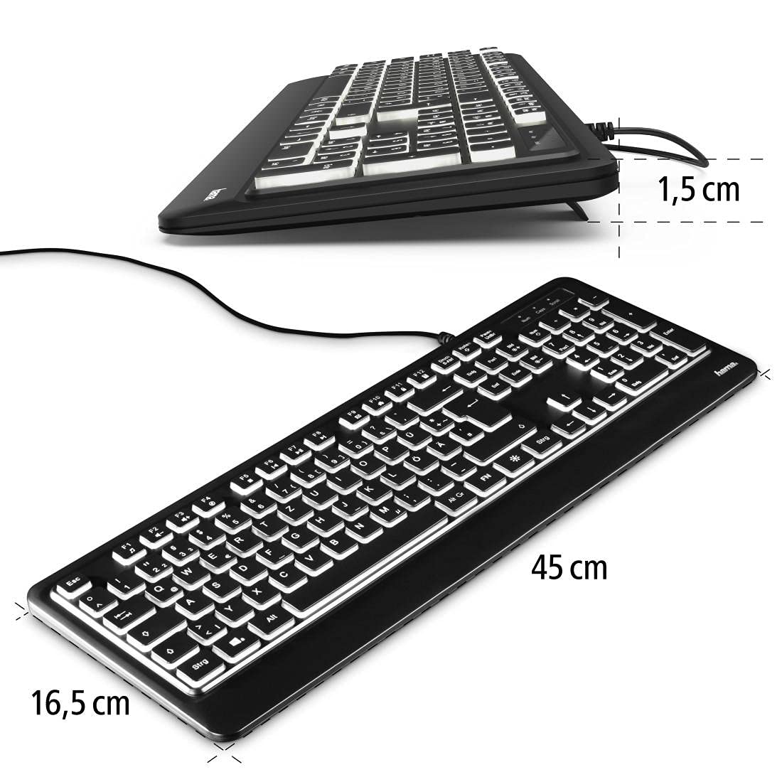 Hama Beleuchtete Tastatur mit Kabel KC-550 QWERTZ (USB Tastatur, kabelgebundene Tastatur, Wired Keyboard, Multimedia Tasten für Windows 10/8/7/Vista/XP, deutsches QWERTZ Layout) Schwarz Normal - Image 9