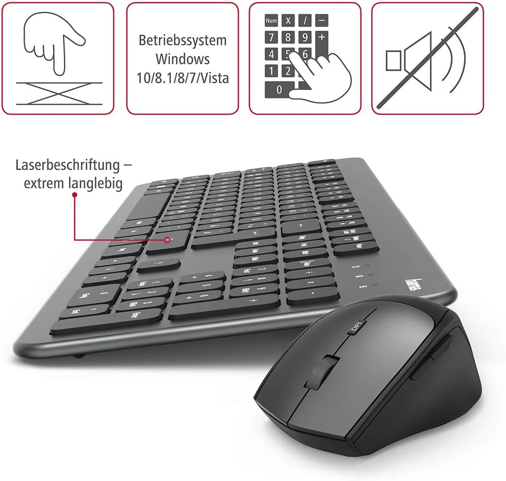 Hama Funk-Tastatur Maus Set (QWERTZ Tastenlayout, kabellose ergonomische Maus, 2,4GHz, USB-Empfänger) Windows Keyboard Funkmaus-Tastatur-Set, schwarz anthrazit - Image 10
