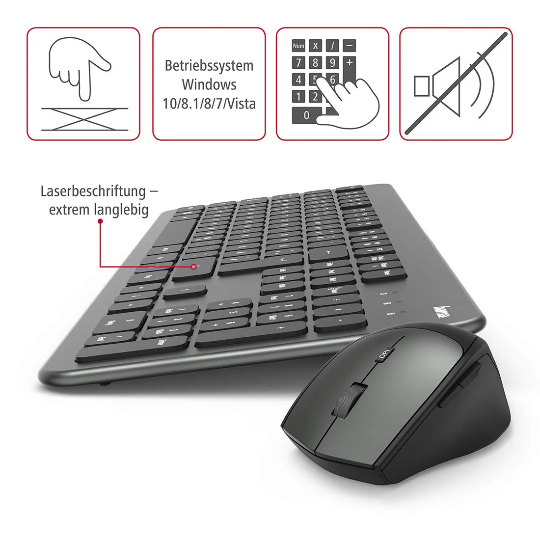 Hama Funk-Tastatur Maus Set (QWERTZ Tastenlayout, kabellose ergonomische Maus, 2,4GHz, USB-Empfänger) Windows Keyboard Funkmaus-Tastatur-Set, schwarz anthrazit - Image 4