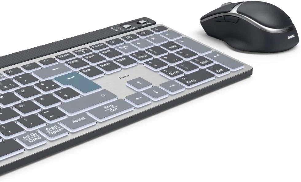 Hama Tastatur-Maus-Set kabellos WKM-750 (Multi-Device 1x Funk, 2X Bluetooth für PC, Laptop, Tablet, leise Tastatur LED, verstellbare Tippwinkel, FN-Lock, QWERTZ DE, ergonomische leise Maus) schwarz - Image 23