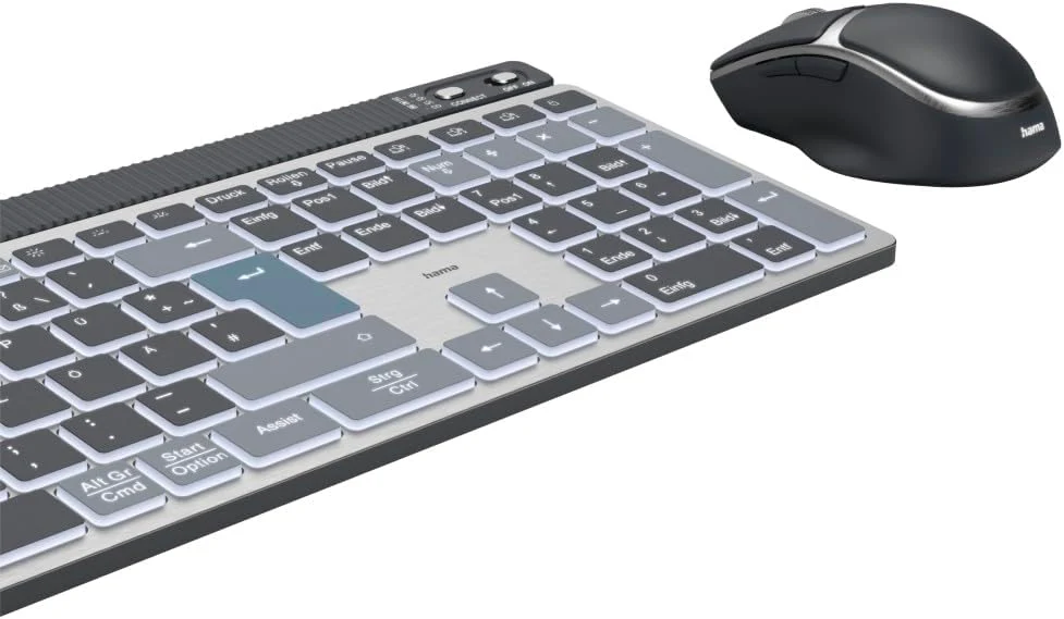 Hama Tastatur-Maus-Set kabellos WKM-750 (Multi-Device 1x Funk, 2X Bluetooth für PC, Laptop, Tablet, leise Tastatur LED, verstellbare Tippwinkel, FN-Lock, QWERTZ DE, ergonomische leise Maus) schwarz - Image 29
