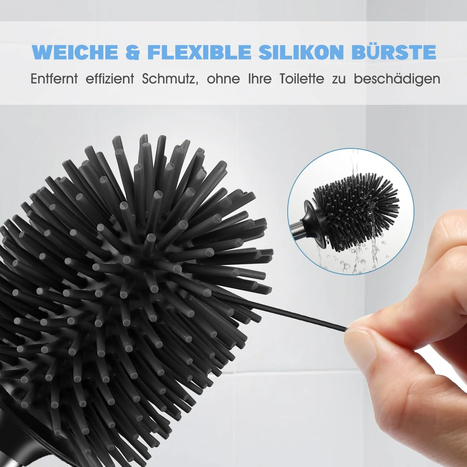 HAMITOR Kloburste Silikon WC Bursten Edelstahl: Tiefenreinigung Toilettenburste mit Halter und Randreiniger-Flexible Kloburstenhalter Set fur Badezimmer Stehen Toilet Brush - Image 2